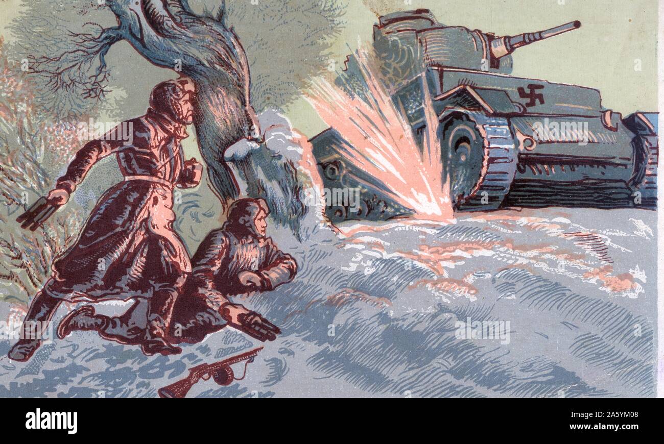 Postcard from Russia showing anti-tank operations against the advancing German army circa 1942 Stock Photo