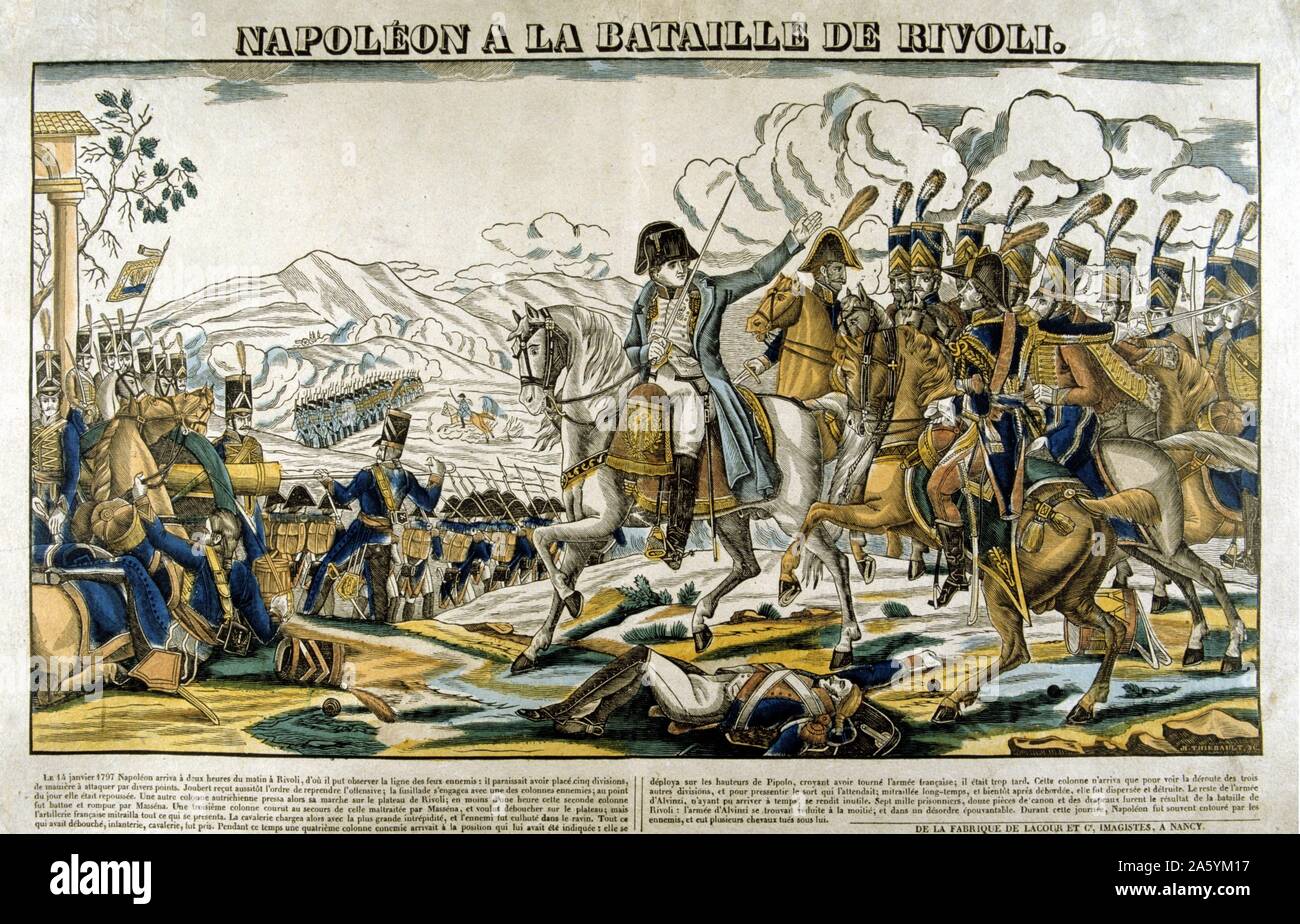 Napoleon at the Battle of Rivoli'. Rivoli (14-15 January 1797) defeat of Austria by French forces under Bonaparte.  Popular French hand-coloured woodcut. Stock Photo