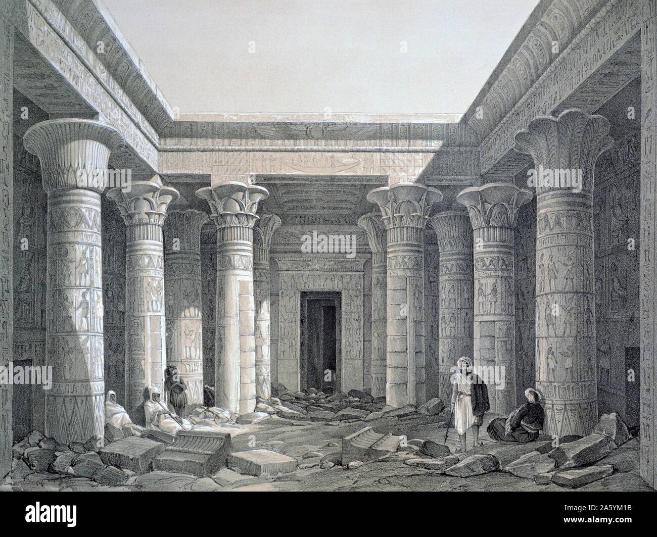 Court of the Great Temple - Philae', 1843.  Lithograph after Owen Jones and Jules Goury. Temple of Isis principal goddess of ancient Egypt, sister and wife of Osiris.  Archaeology Architecture Religion Mythology Ancient Egyptian Stock Photo