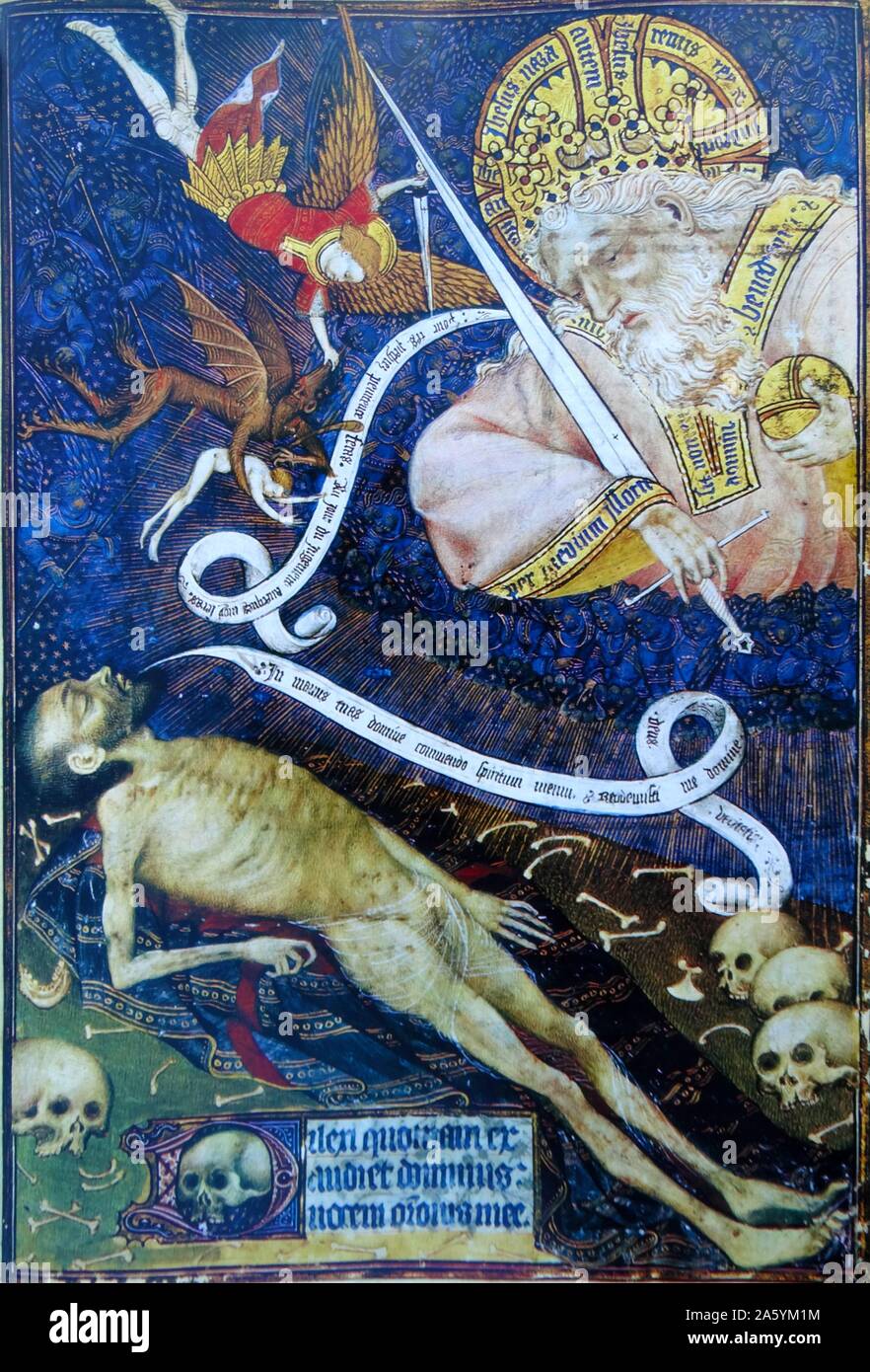 Illumination from the Rohan Book of Hours titled 'The Death before his judge'. Illumination depicts a dying man lying before God. A demon is attempting to steal the soul whilst coming under attack by St Michael the Archangel. Painted by Master de Rohan. Dated 15th Century Stock Photo