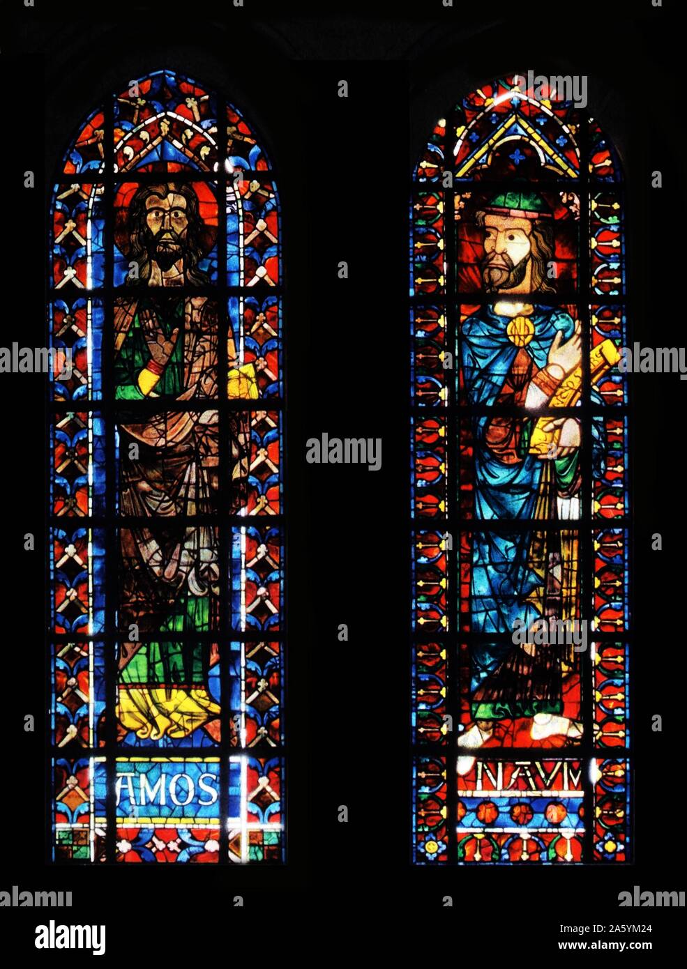 Stained glass window from Bourges Cathedral, France. Shows The prophet's Amos and Nahum; 13th century Stock Photo
