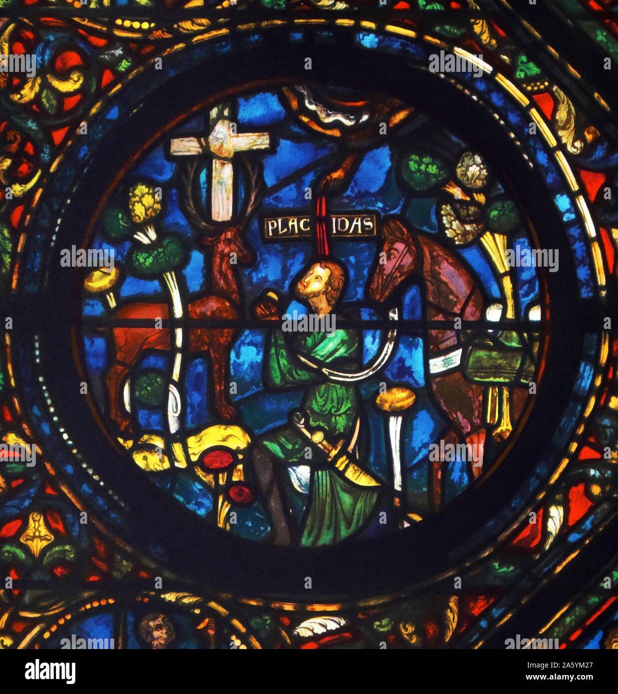 Stained Glass Window From The North Aisle In Chartres Cathedral France Shows The Apparition Of The Stag From The Life Of St Eustace 13th Century Stock Photo Alamy