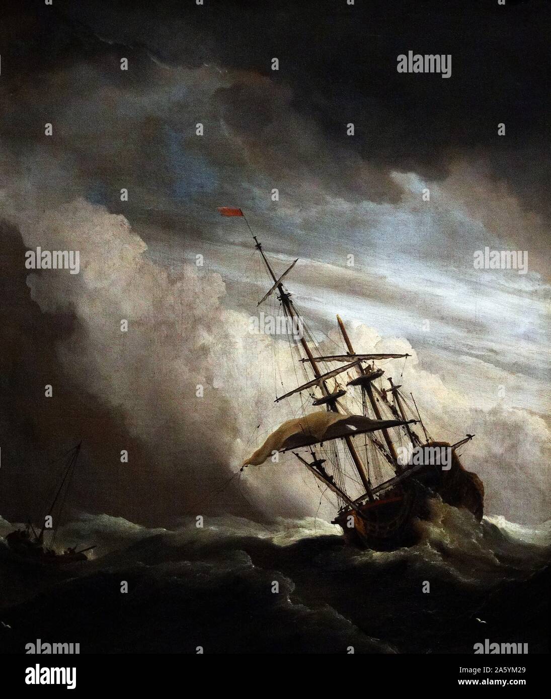 Painting titled 'The Gust' depicts a ship on the high seas caught by a Squall. Painted by Willem van de Velde II (1633-1707). Dated 17th Century Stock Photo