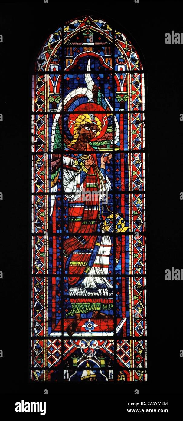 Stained glass window from Chartres Cathedral, France. Show the Archangel with the thurible (incense burner or censer);13th century Stock Photo