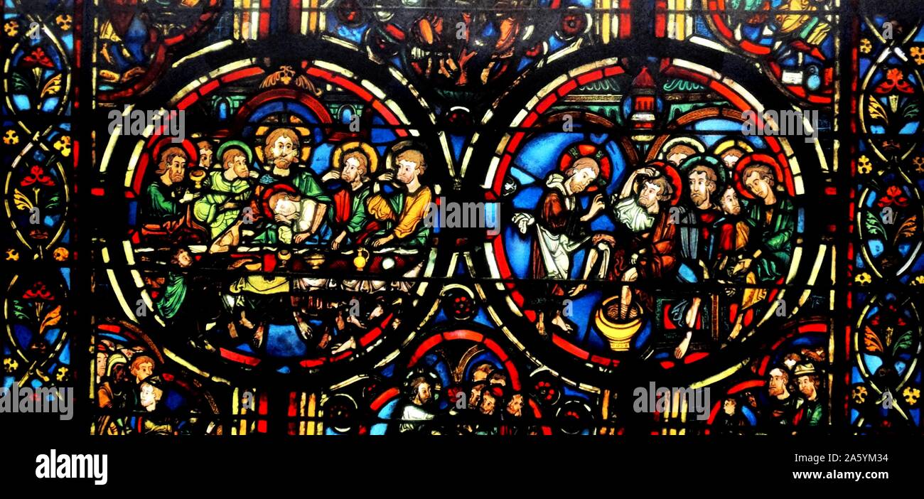 Stained glass window from the Ambulatory at Bourges Cathedral, France. Shows the Passion of Christ; 13th century Stock Photo