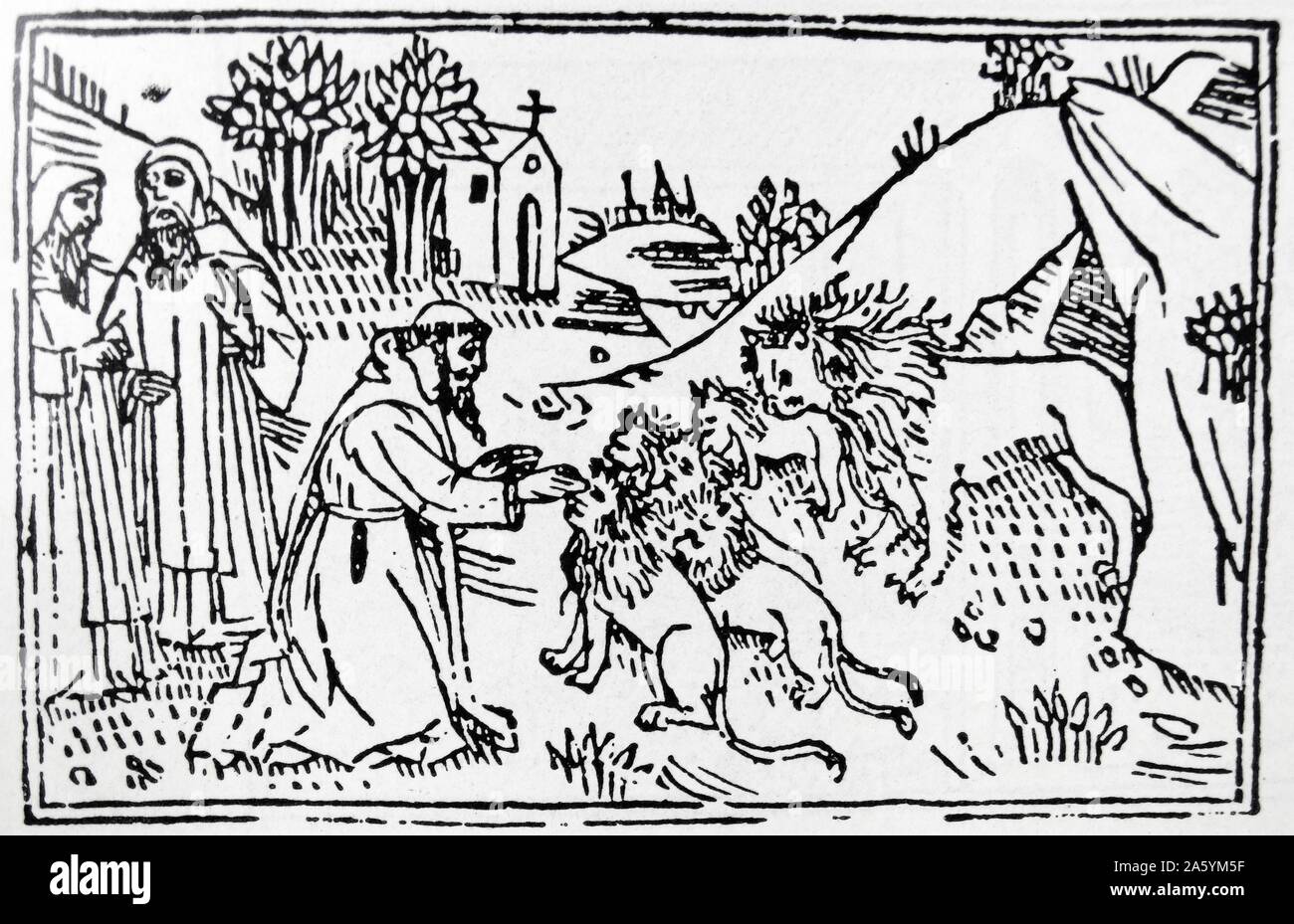 saint jerome depicted with a lion, in reference to the popular hagiographical belief that Jerome had tamed a lion in the wilderness by healing its paw. woodcut 1497 Stock Photo