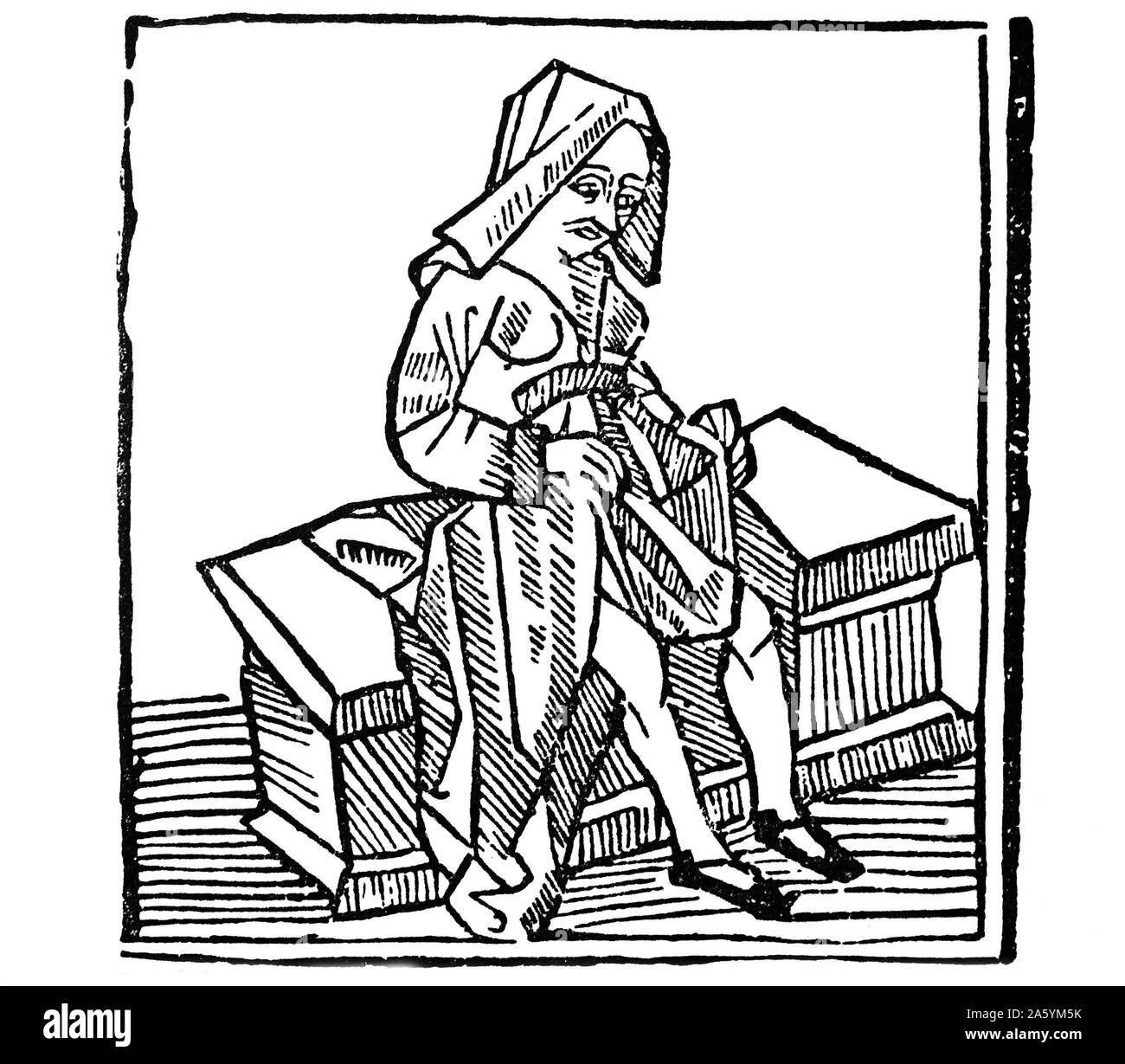 Woman going to the toilet (detail from )'Romance of the rose; 1503 Woodcut by Lorris and Jean de Meung Stock Photo