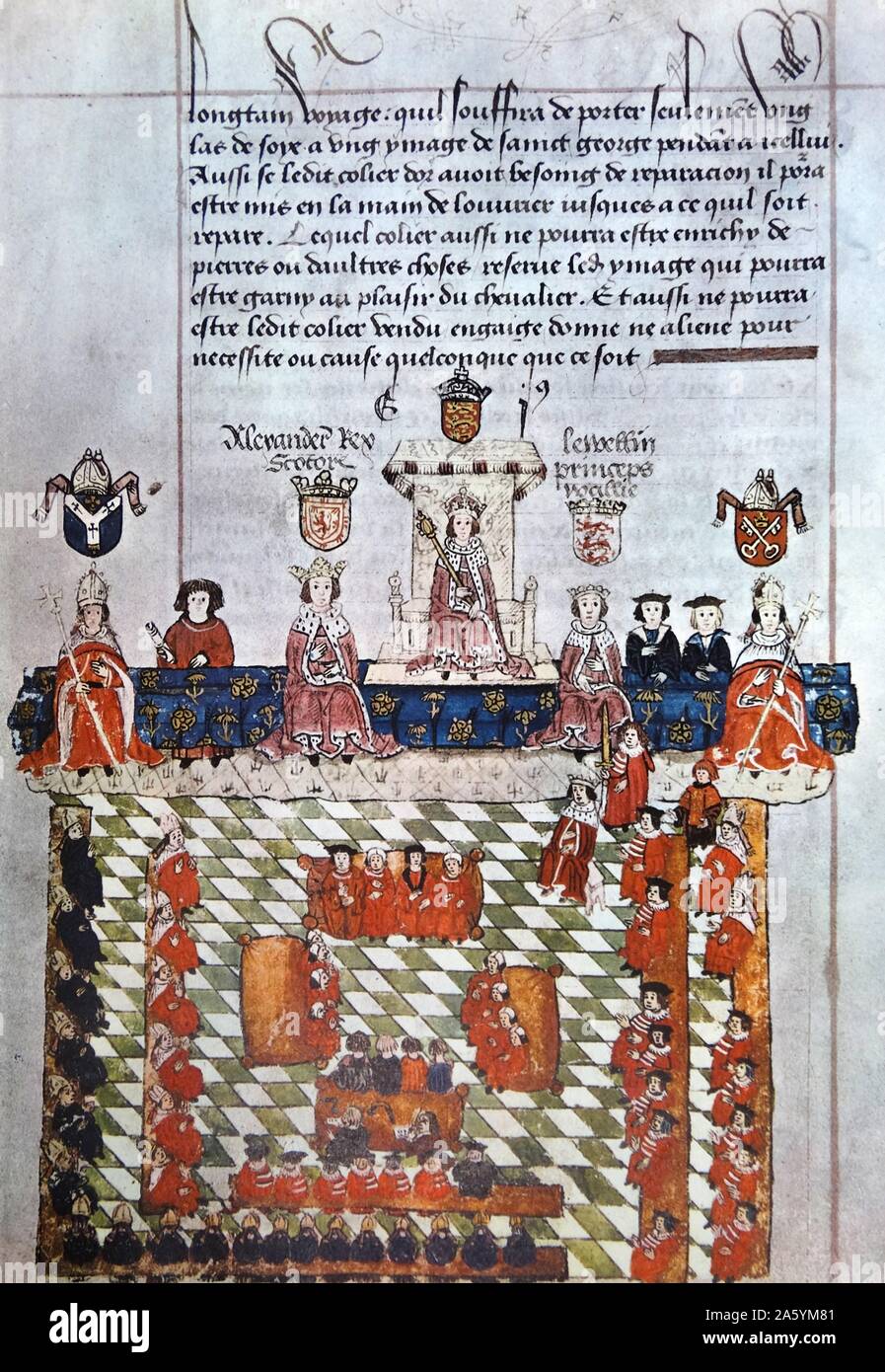 Edward I in Parliament with the Archbishop of Canterbury, King Alexander III of Scotland, the Welsh Prince Llywelyn ab Gruffydd and the Archbishop of York. From the Wriothesley MS, 1523. From The Island Race, a 20th century book that covers the history of the British Isles from the pre-Roman times to the Victorian era. Written by Sir Winston Churchill and abridged by Timothy Baker. Stock Photo