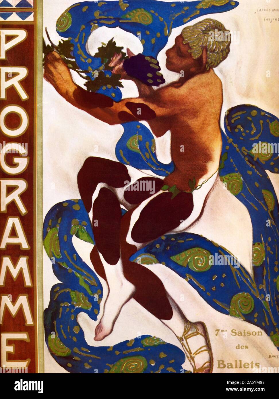 Leon Bakst, Vaslav Nijinsky (1890-1950), in the ballet Afternoon of a Faun 1912. Illustration from a programme for Prélude à l'après-midi d'un faune, by Claude Debussy, first performed in Paris on December 22, 1894 for the ballet. Designed by Léon Bakst Stock Photo