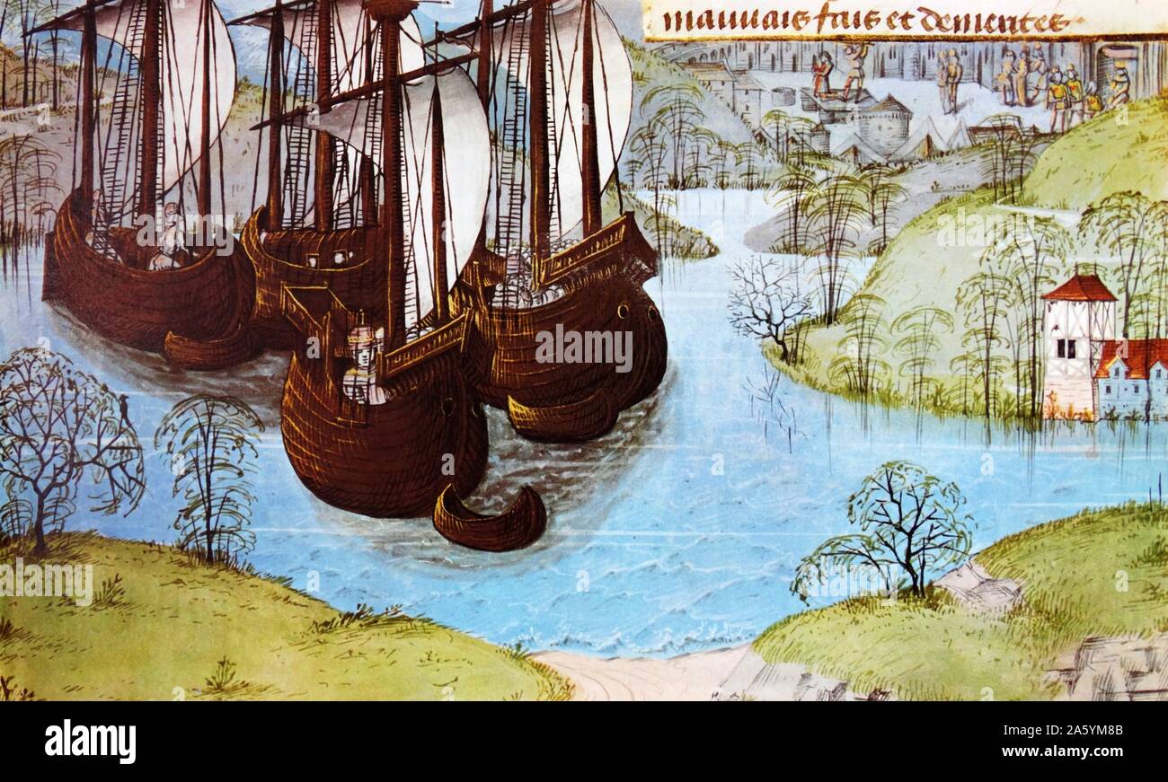 Edward I returning from Gascony. Illustration from a fifteenth-century Flemish manuscript. From The Island Race, a 20th century book that covers the history of the British Isles from the pre-Roman times to the Victorian era. Written by Sir Winston Churchill and abridged by Timothy Baker. Stock Photo