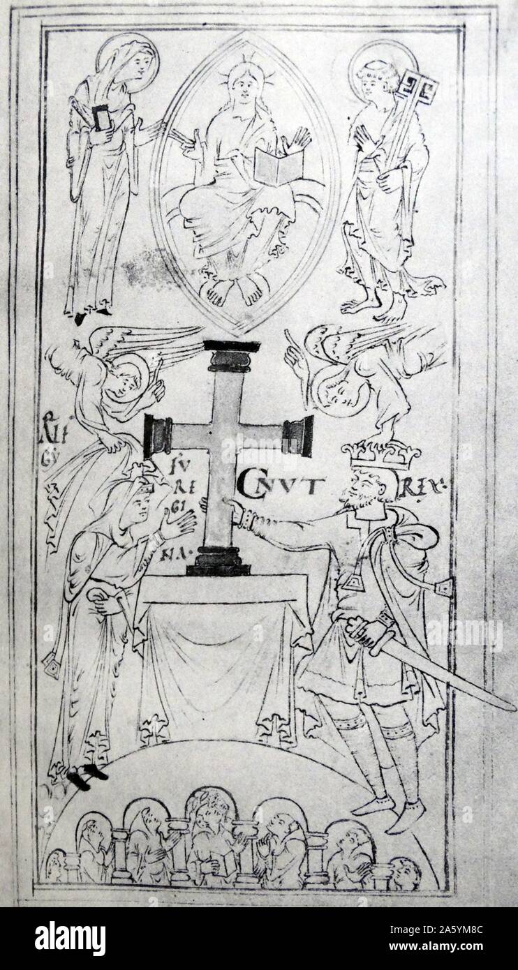 King Canute and Queen Elgifu at the dedication of Newminster Abbey, Winchester. From the eleventh-century Hyde Abbey Register. From The Island Race, a 20th century book that covers the history of the British Isles from the pre-Roman times to the Victorian era. Written by Sir Winston Churchill and abridged by Timothy Baker. Stock Photo