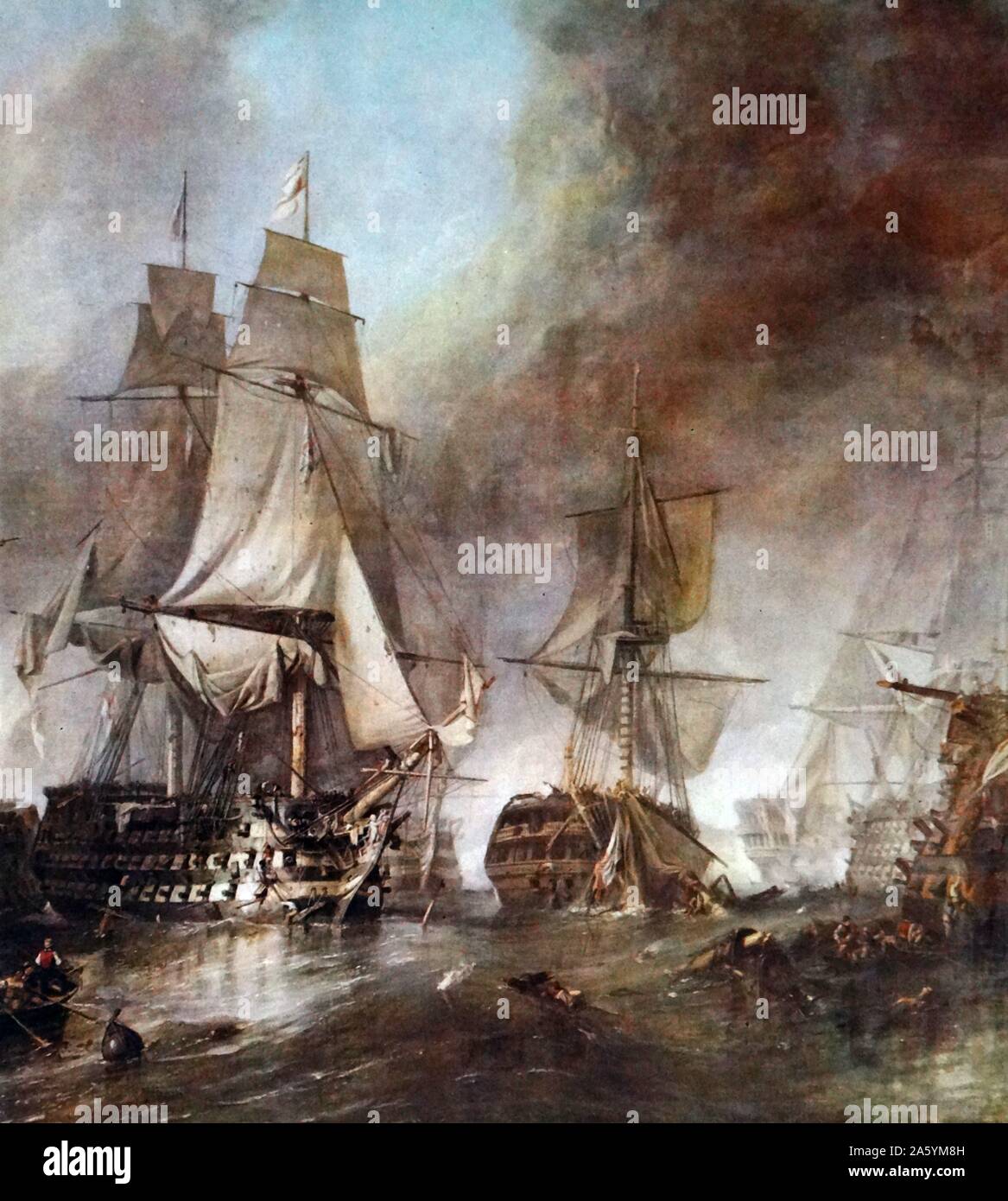 The Battle of Trafalgar by Clarkson Stanfield. The painting is set about an hour after Nelson was shot. From The Island Race, a 20th century book that covers the history of the British Isles from the pre-Roman times to the Victorian era. Written by Sir Winston Churchill and abridged by Timothy Baker. Stock Photo