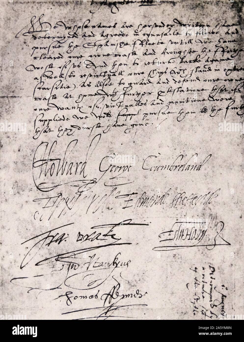 The Armada Resolution of eight English commanders, 1588, to follow the Armada past the Firth of Forth. From The Island Race, a 20th century book that covers the history of the British Isles from the pre-Roman times to the Victorian era. Written by Sir Winston Churchill and abridged by Timothy Baker. Stock Photo