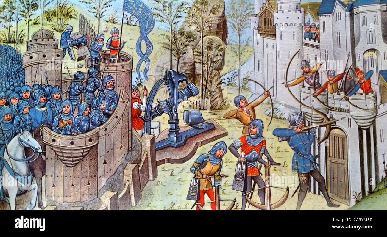 The siege of a town, from a manuscript of 1480. From The Island Race, a 20th century book that covers the history of the British Isles from the pre-Roman times to the Victorian era. Written by Sir Winston Churchill and abridged by Timothy Baker. Stock Photo