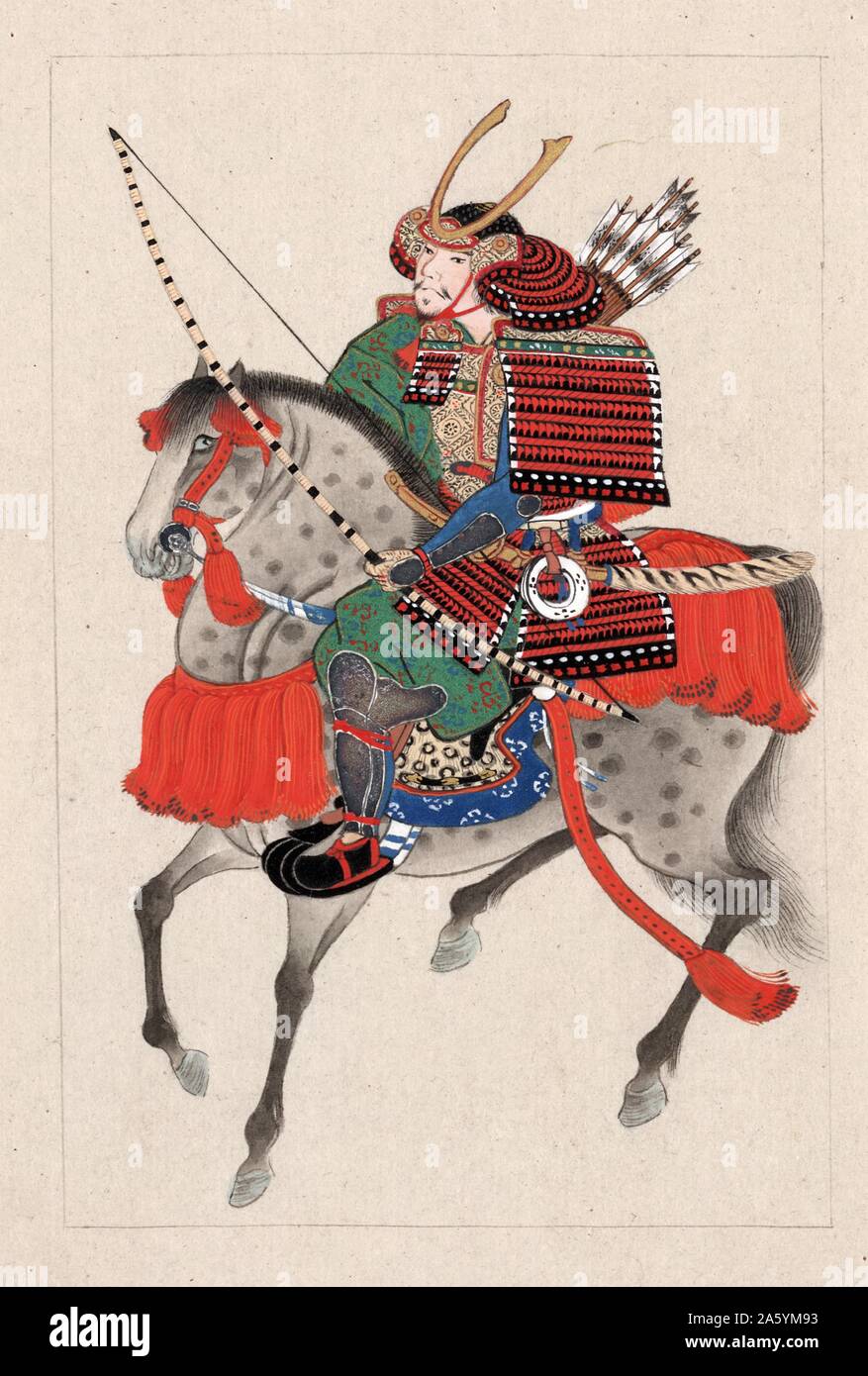 Colour print of a Samurai on horseback, wearing armour and a horned helmet, whilst carrying a bow and arrow. Dated 1878 Stock Photo