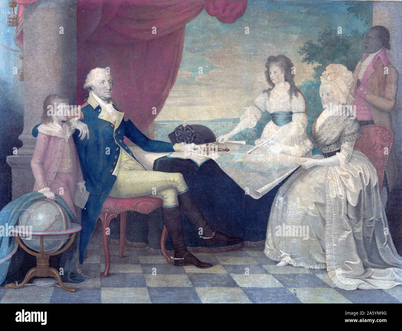 Portrait of the Washington Family, George Washington, the First Lady, and their two Grand Children. Painted by Edward Savage (1761-1817). Dated 1798 Stock Photo