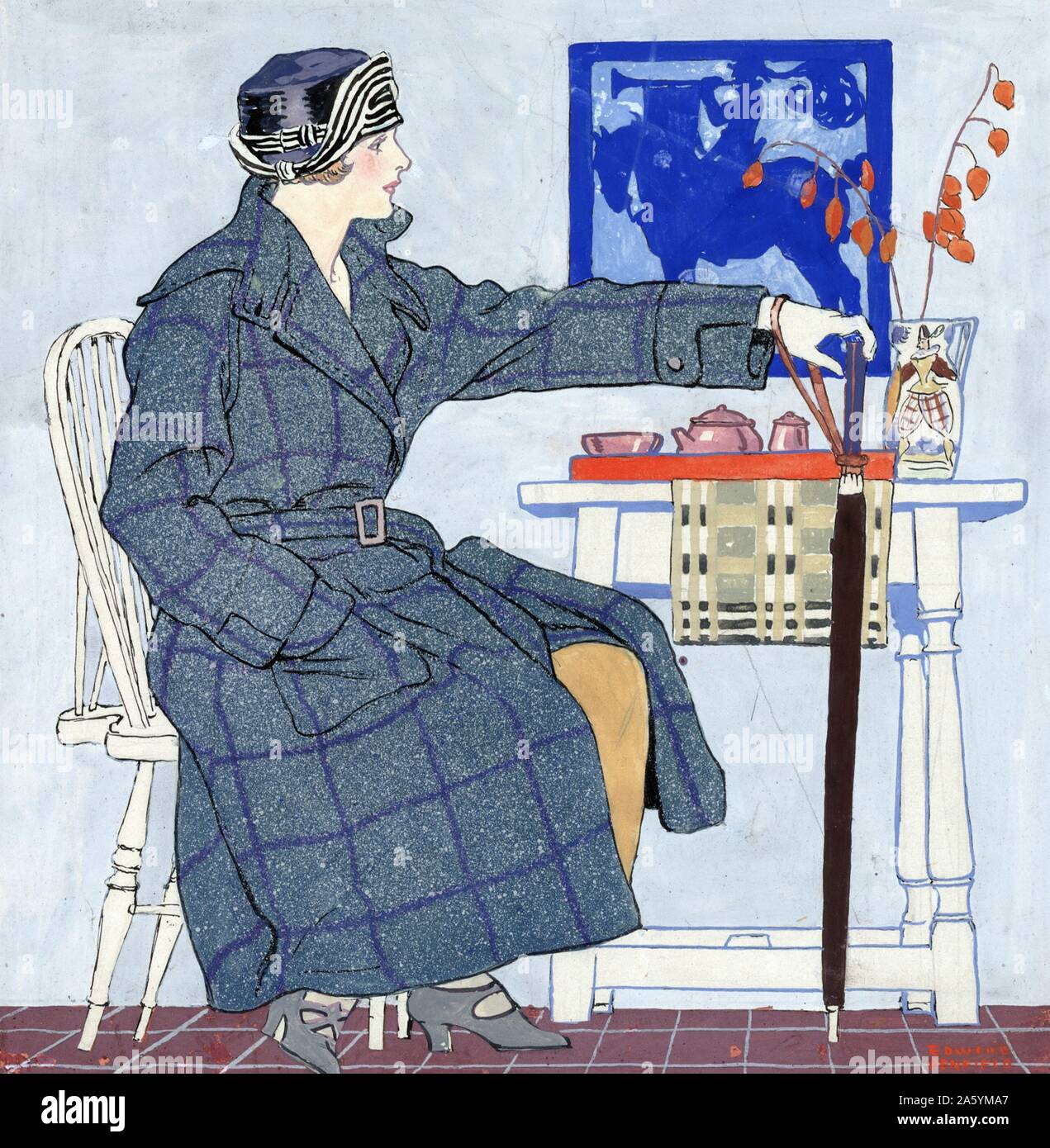 Watercolour print of a young woman sitting beside a table holding an umbrella. Created by Edward Penfield (1866-1925). Dated 1917 Stock Photo