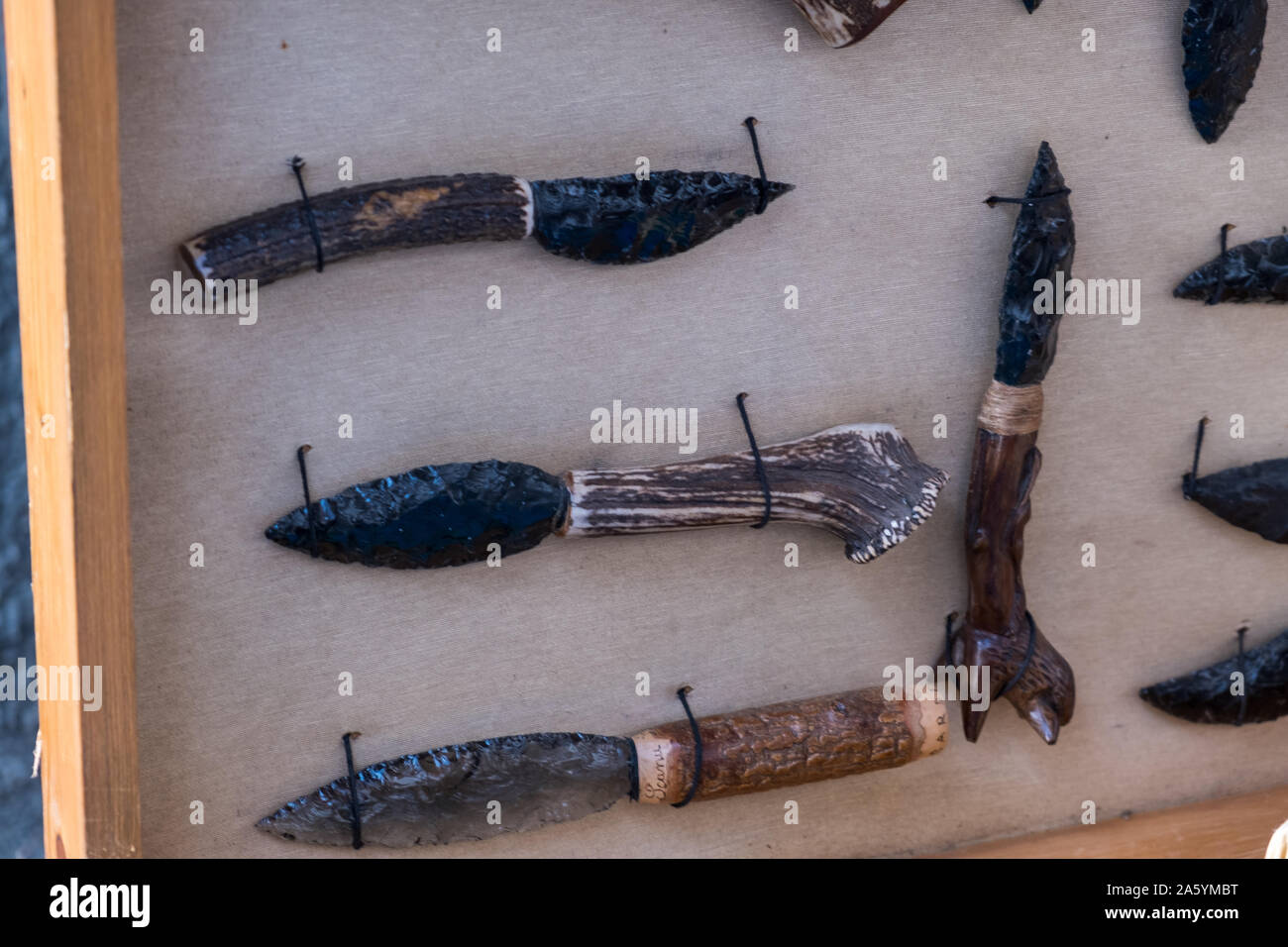 Sardinian typical obsidian knives. Sardinian 'Leppa' made with traditional obsidian. Stock Photo