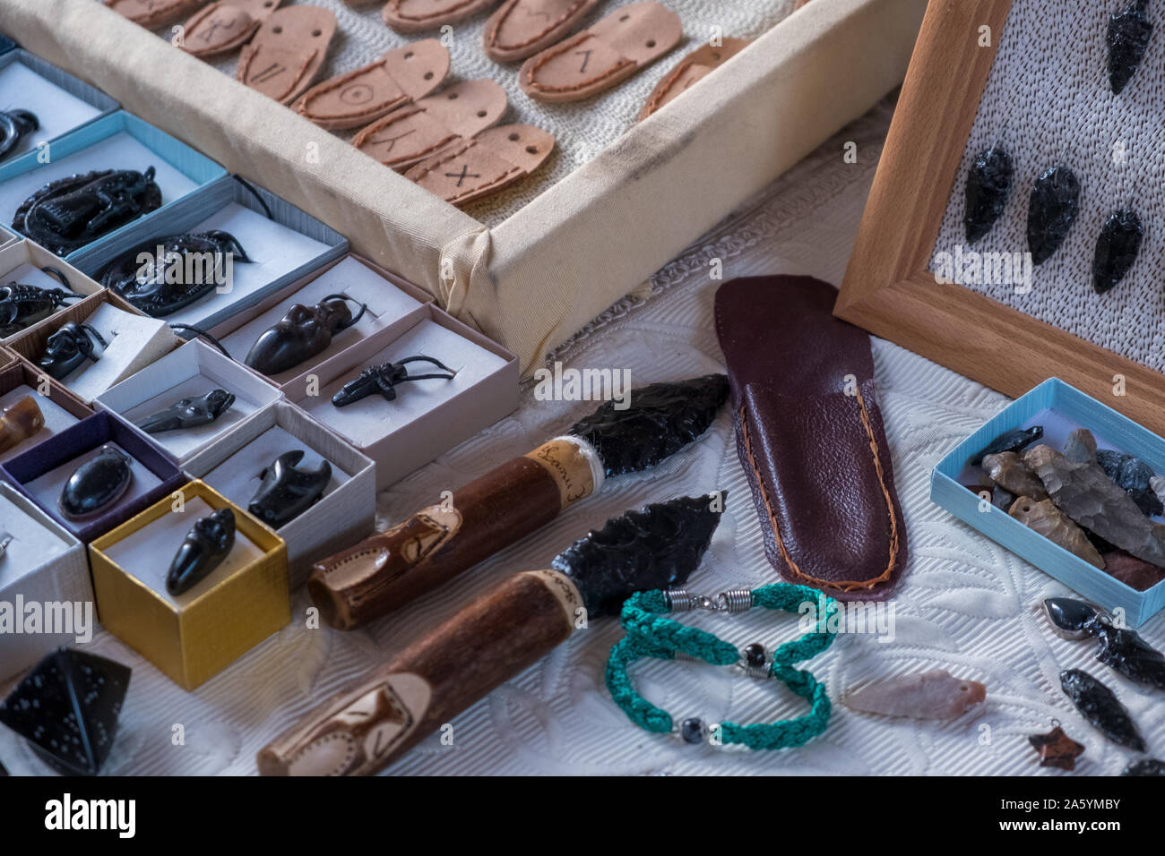 Sardinian typical obsidian knives. Sardinian 'Leppa' made with traditional obsidian. Stock Photo