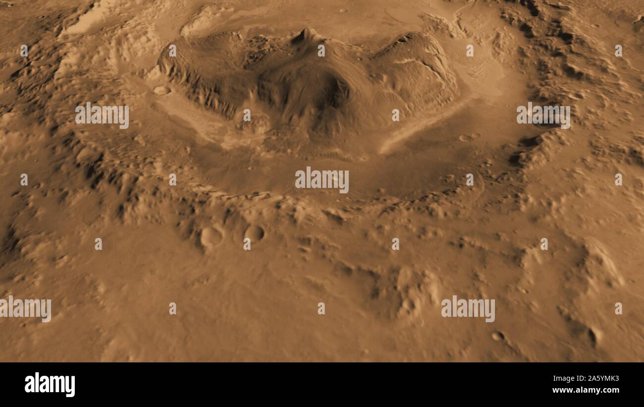 This computer-generated view based on multiple orbital observations shows Mars' Gale crater as if seen from an aircraft north of the crater. Stock Photo