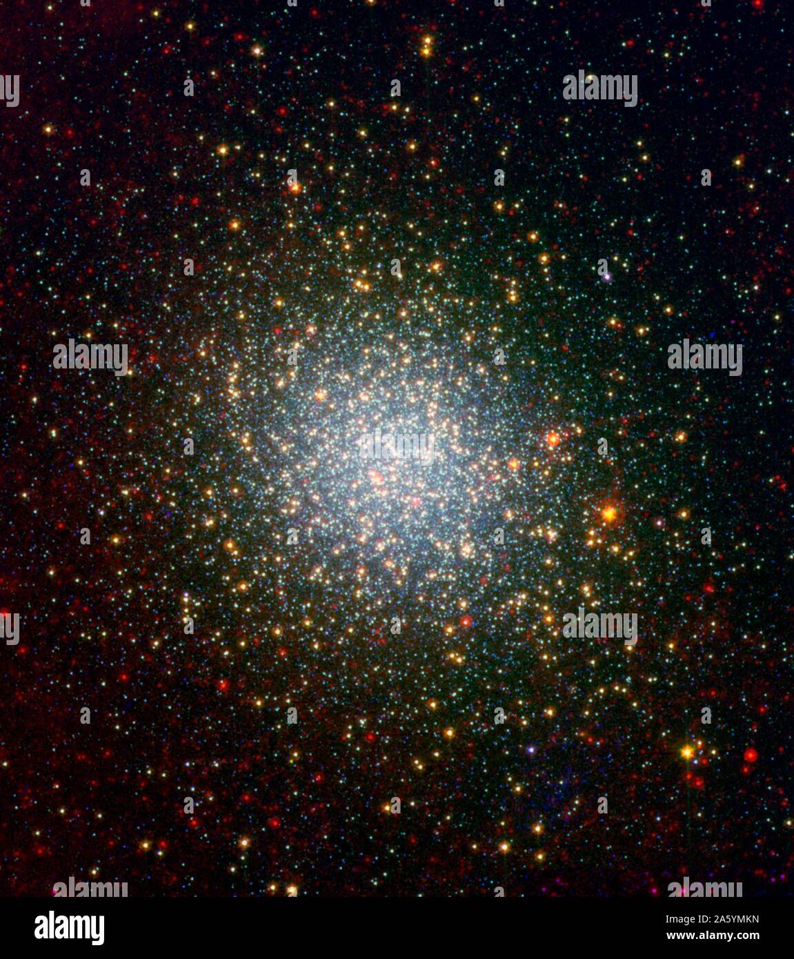 A cluster brimming with millions of stars glistens like an iridescent opal in this image from NASA's Spitzer Space Telescope. Called Omega Centauri, the sparkling orb of stars is like a miniature galaxy Stock Photo