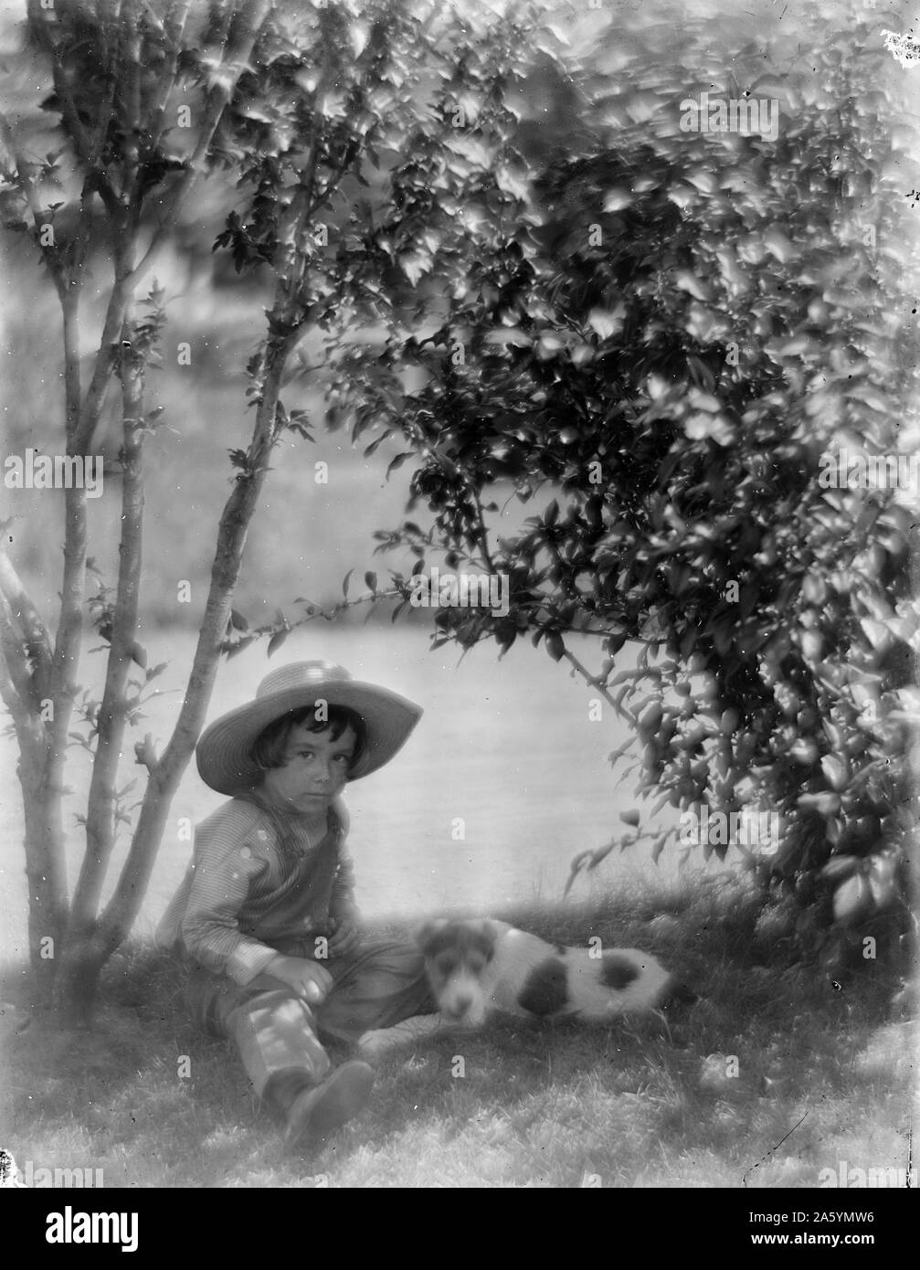 Photograph of a Boy with a dog, a study made at Oceanside. Black and White. The boy is wearing overalls and a hat, sat next to a tree on the ground. The dog sits next to him in the shadow of shrubbery. In the background is a pond. Circa 1904 Gertrude Käsebier, 1852-1934, photographer. Stock Photo
