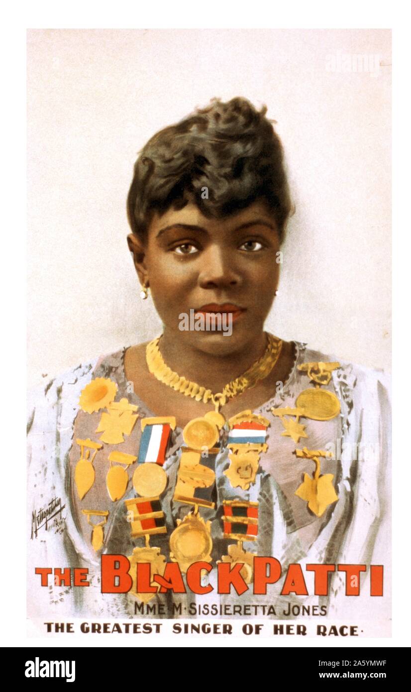 Portrait of Matilda Sissieretta Joyner Jones, known as Sissieretta Jones on a poster advertisement. Sissieretta lived between January 5th 1868 ñ June 24th, 1933 and was an African-American soprano. She was sometimes referred to as 'The Black Patti', referencing the Italian opera singer Adelina Patti. Stock Photo