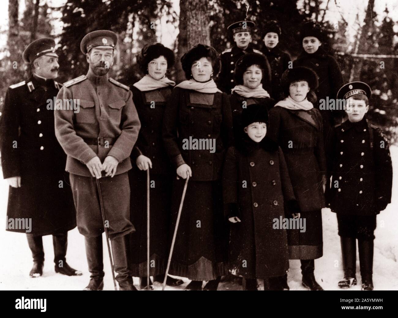 Photograph of Tsar Nicholas II from the Russian Royal Family. around the time of his abdication in March 1917. The image shows the Romanovs stood outdoors at Tsarskoye Selo, Russia. Photographed circa 1916-1917. Stock Photo