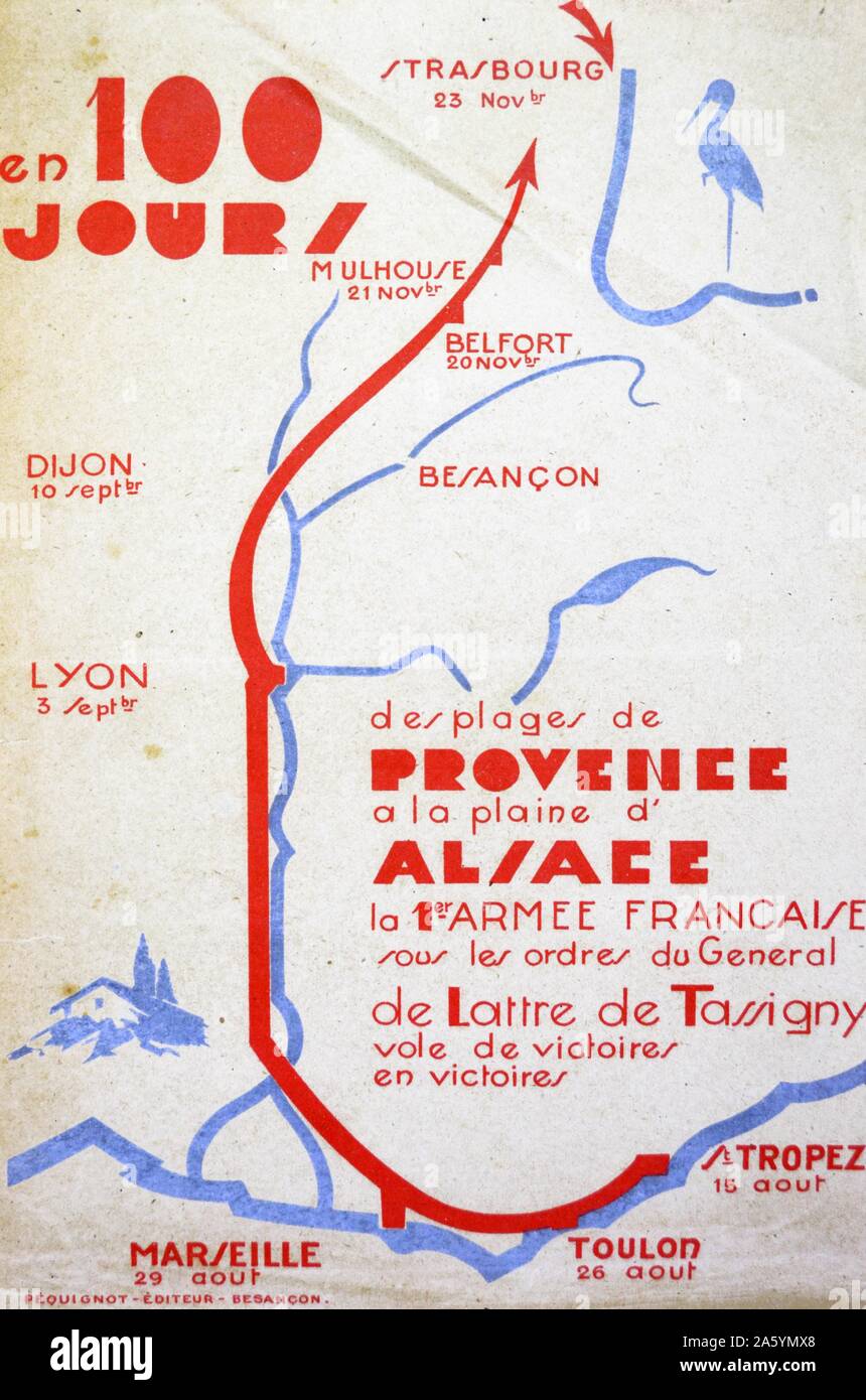Map showing the victorious route of Jean Joseph Marie Gabriel de Lattre de Tassigny, ( 1889 ñ 1952). He was a French military hero of World War During December 1944, the attempts to take Colmar were unsuccessful. De Lattre was able to collapse the pocket in January and February 1945 after the successful defence of Strasbourg, which was defended on the north by American troops and the French 3rd DIA and on the south by the French. Stock Photo
