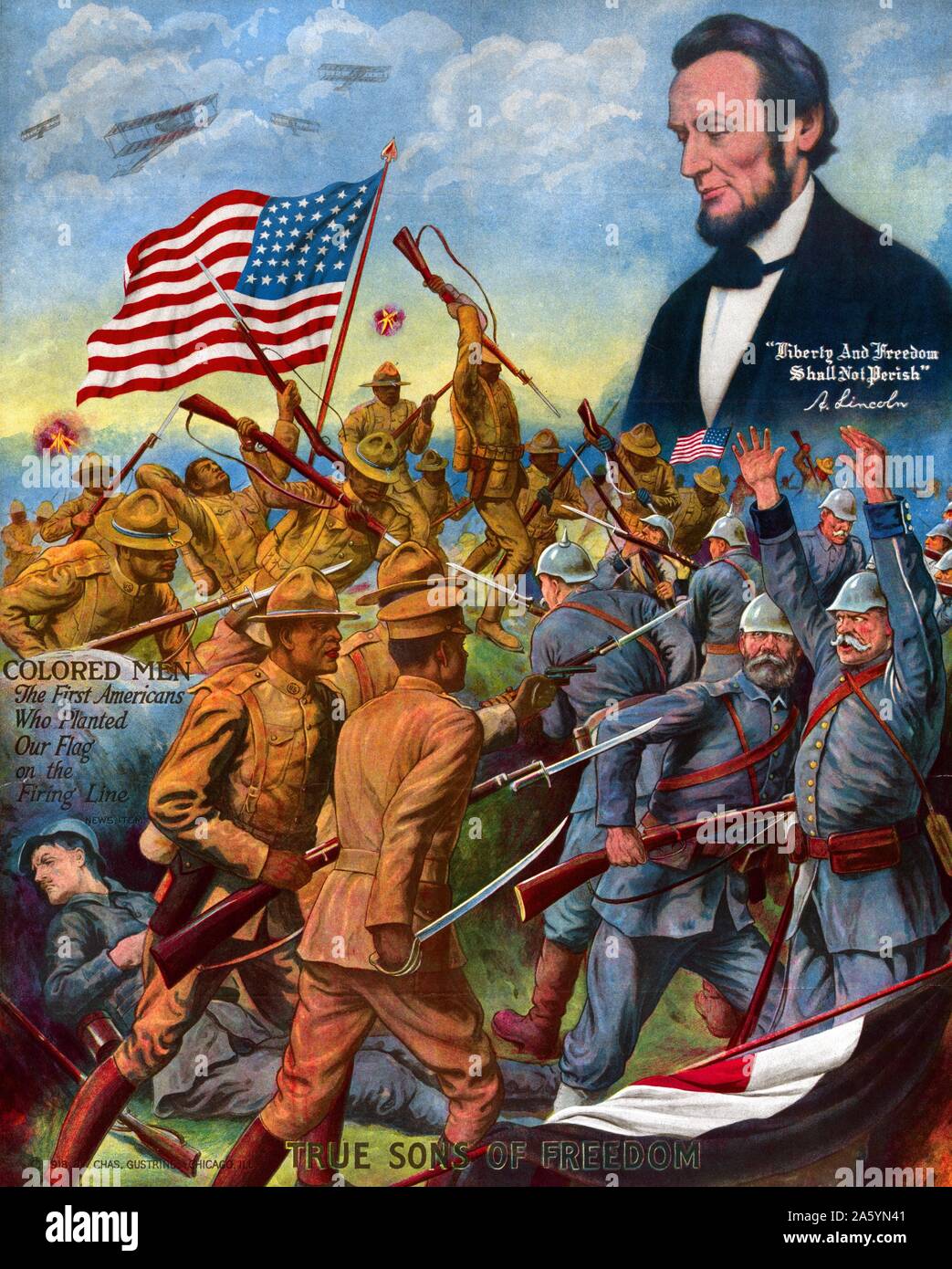 True Sons of Freedom 1918. African American soldiers fighting German soldiers in World War I. President Abraham Lincoln can be seen above soldiers. Gustrine Chas. Stock Photo
