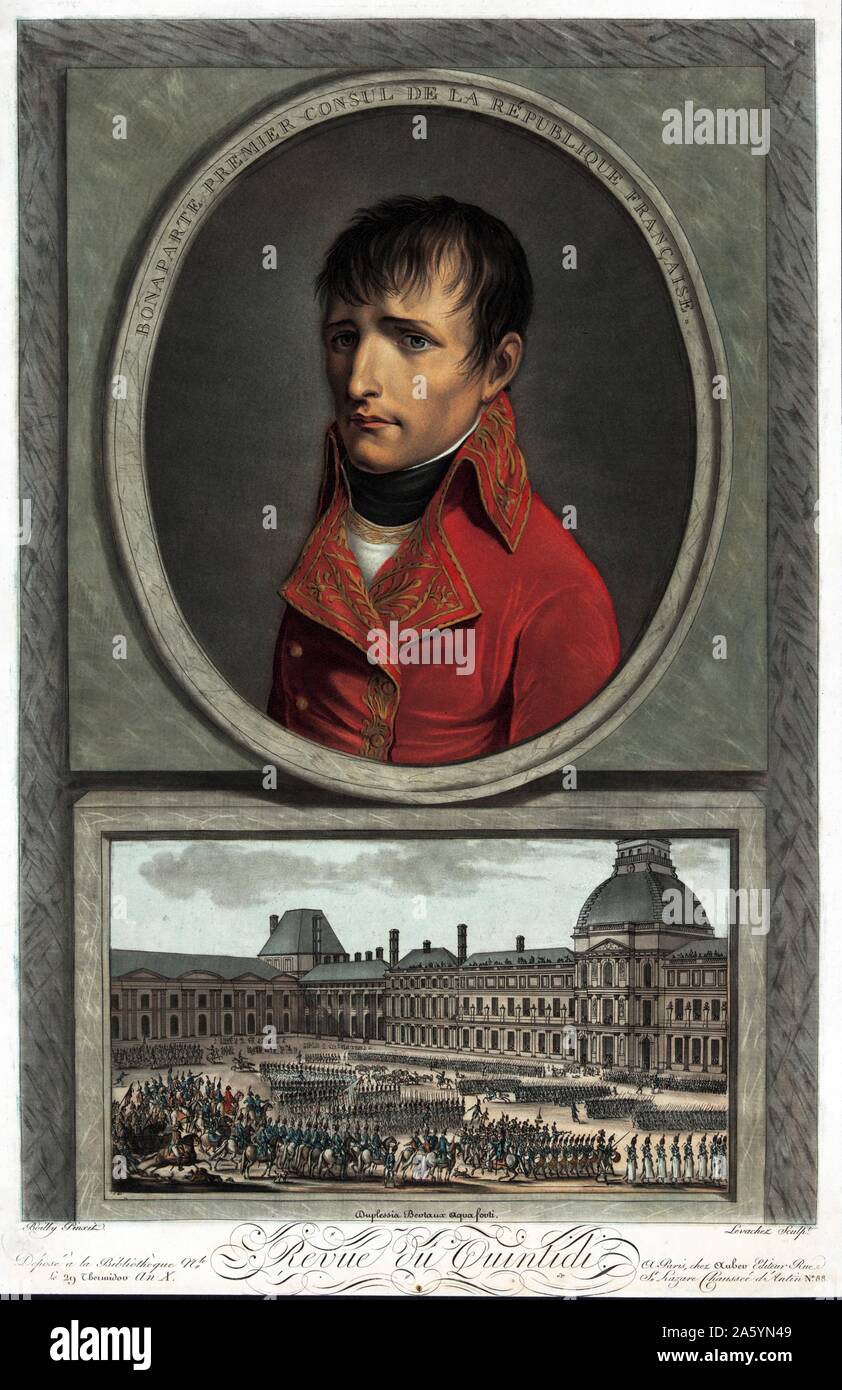Napoleon Bonaparte abvove scene depicting troop review 1810. Stock Photo