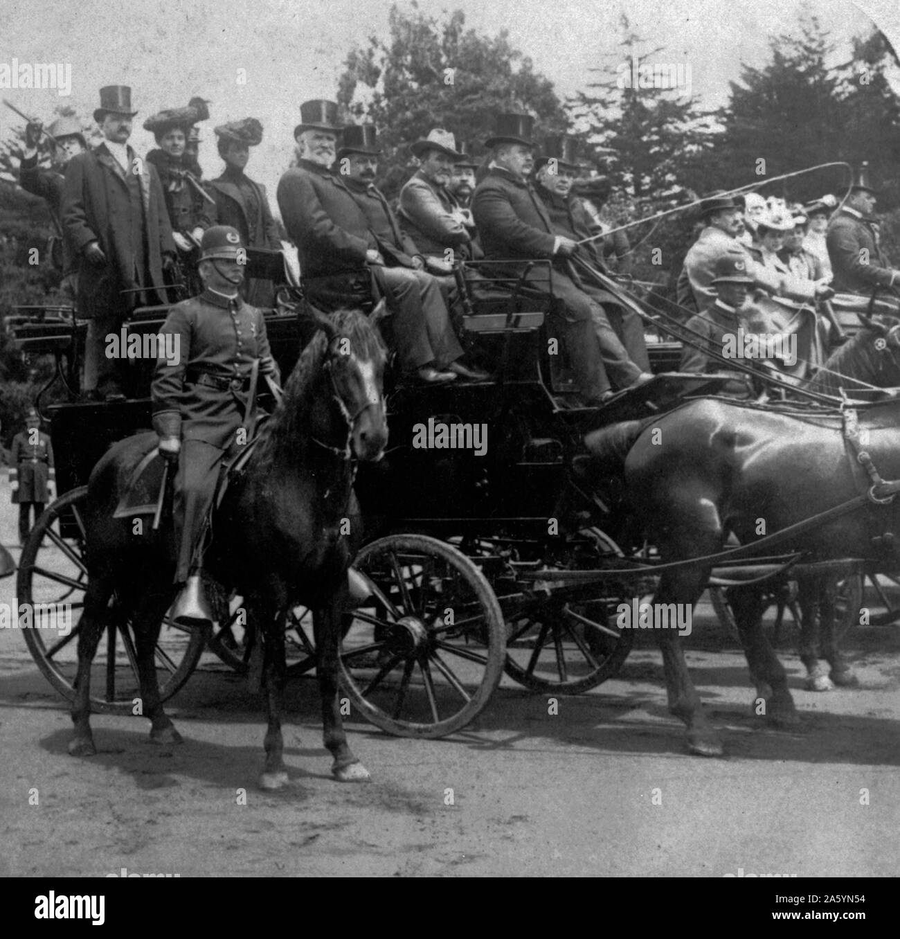 Presidential Tally Ho Party 1901. President William McKinley at Golden Gate Park, San Francisco, California in horse-drawn carriage. Unknown Stock Photo