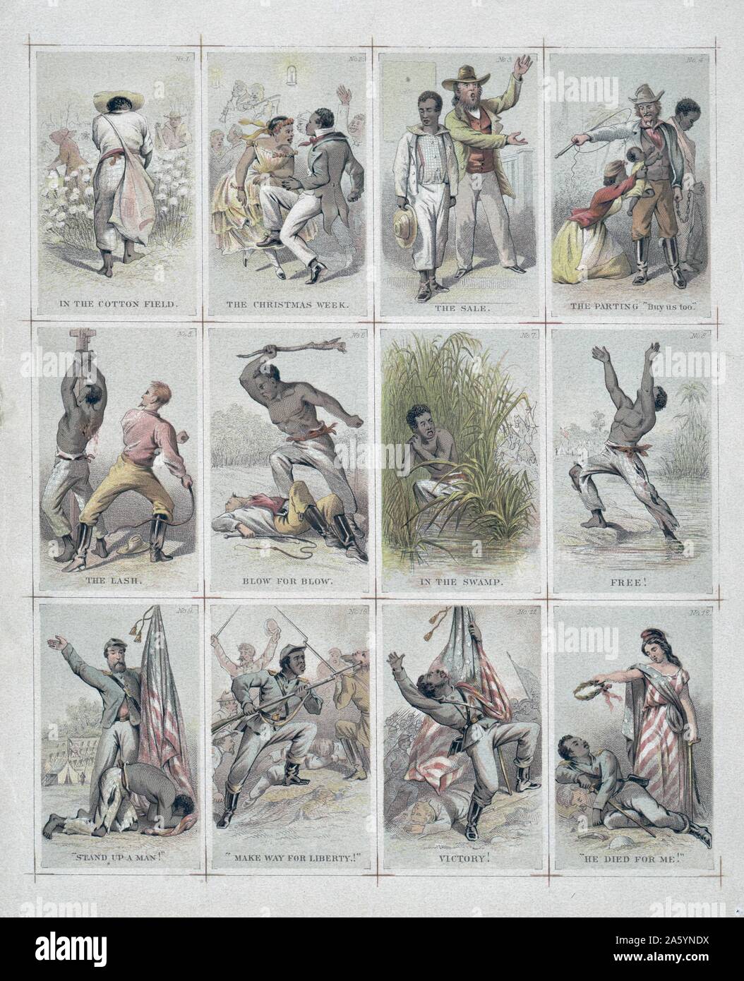 Journey of a slave from the plantation to the battlefield by James fuller Queen, 1820 or 1821-1886, artist. Uncut sheet of twelve illustrated cards presenting the journey of a slave from plantation life to the struggle for liberty, for which he gives his life, as a Union soldier during the Civil War. Stock Photo