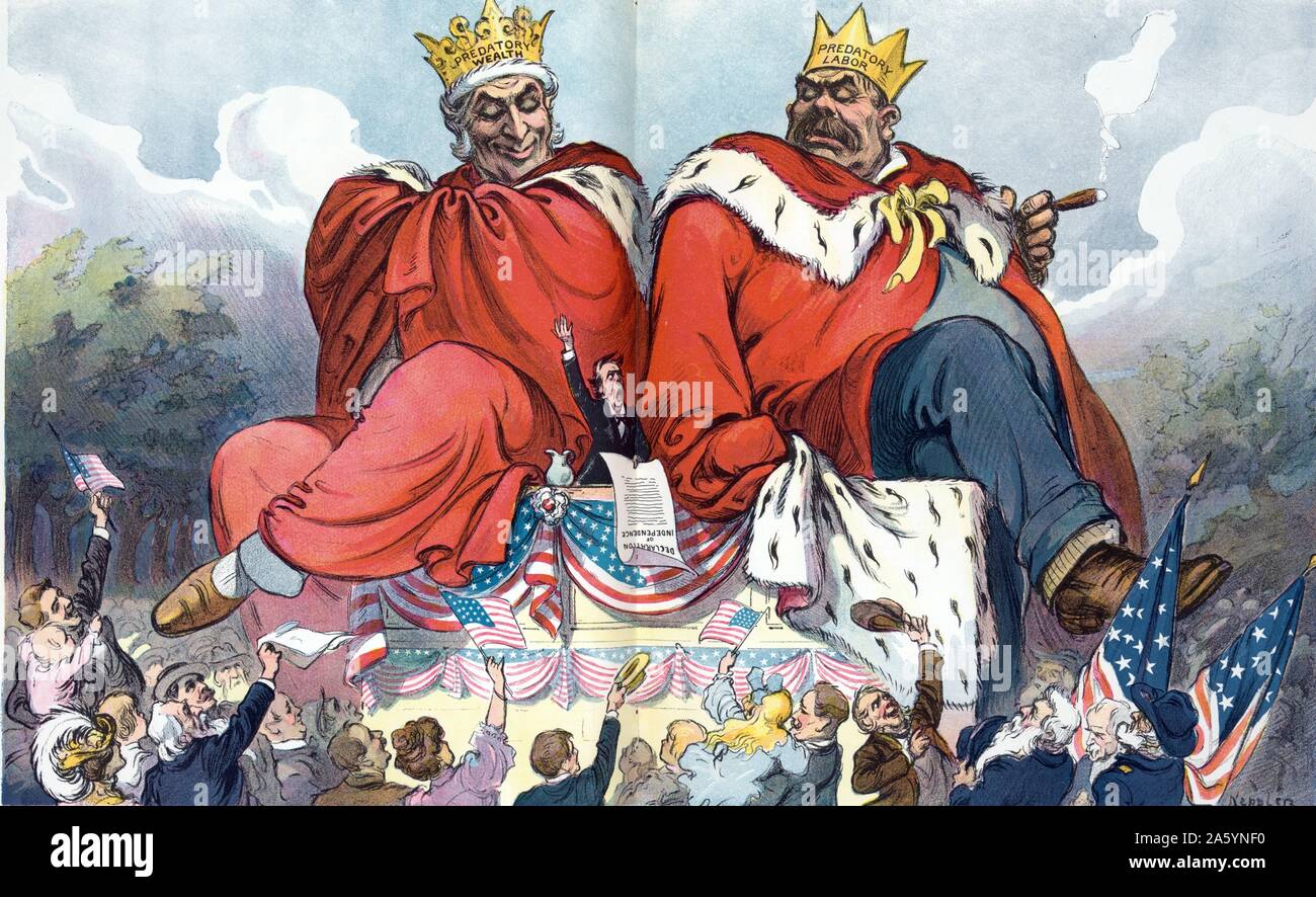 The annual pleasantry by Udo Keppler, 1872-1956, artist. Published in Puck, 1907 June. Illustration shows a fourth of July celebration with a man standing on a large podium reading the 'Declaration of Independence' while sandwiched between two large figures wearing robes and crowns labelled 'Predatory Wealth' and 'Predatory Labour', before a cheering crowd Stock Photo