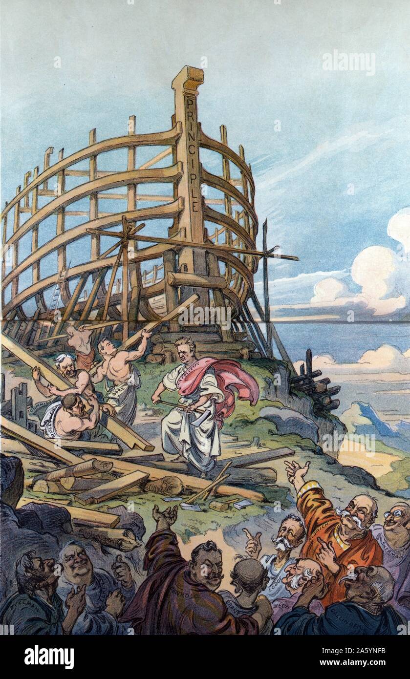 The building of the ark by Udo Keppler, 1872-1956, artist. Published by Puck, 1909 July 28th. Illustration shows a group of men, scoffers, labelled 'Tillman, Elkins, Penrose, Crane, Lodge, Depew, Gallinger, Aldrich, and Sherman' watching four men labelled 'Cummins, Dolliver, Gore, and] La Follette' construct an ark labelled 'Principle'. Stock Photo