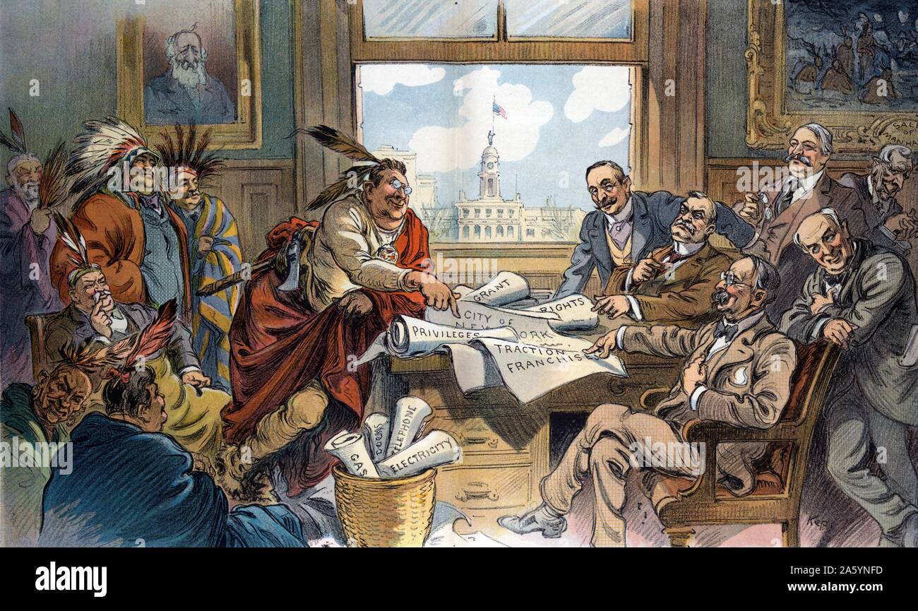 The sale of Manhattan (price not mentioned) - a continuous performance by Udo Keppler, 1872-1956, artist. Published in Puck, 1909. Illustration shows a modern version of the sale of Manhattan Island between unidentified legislators masquerading as Natives and New York businessmen; among some familiar faces are James S. Schoolcraft representing the Natives and lurking in the background of businessmen is John D. Rockefeller. Stock Photo