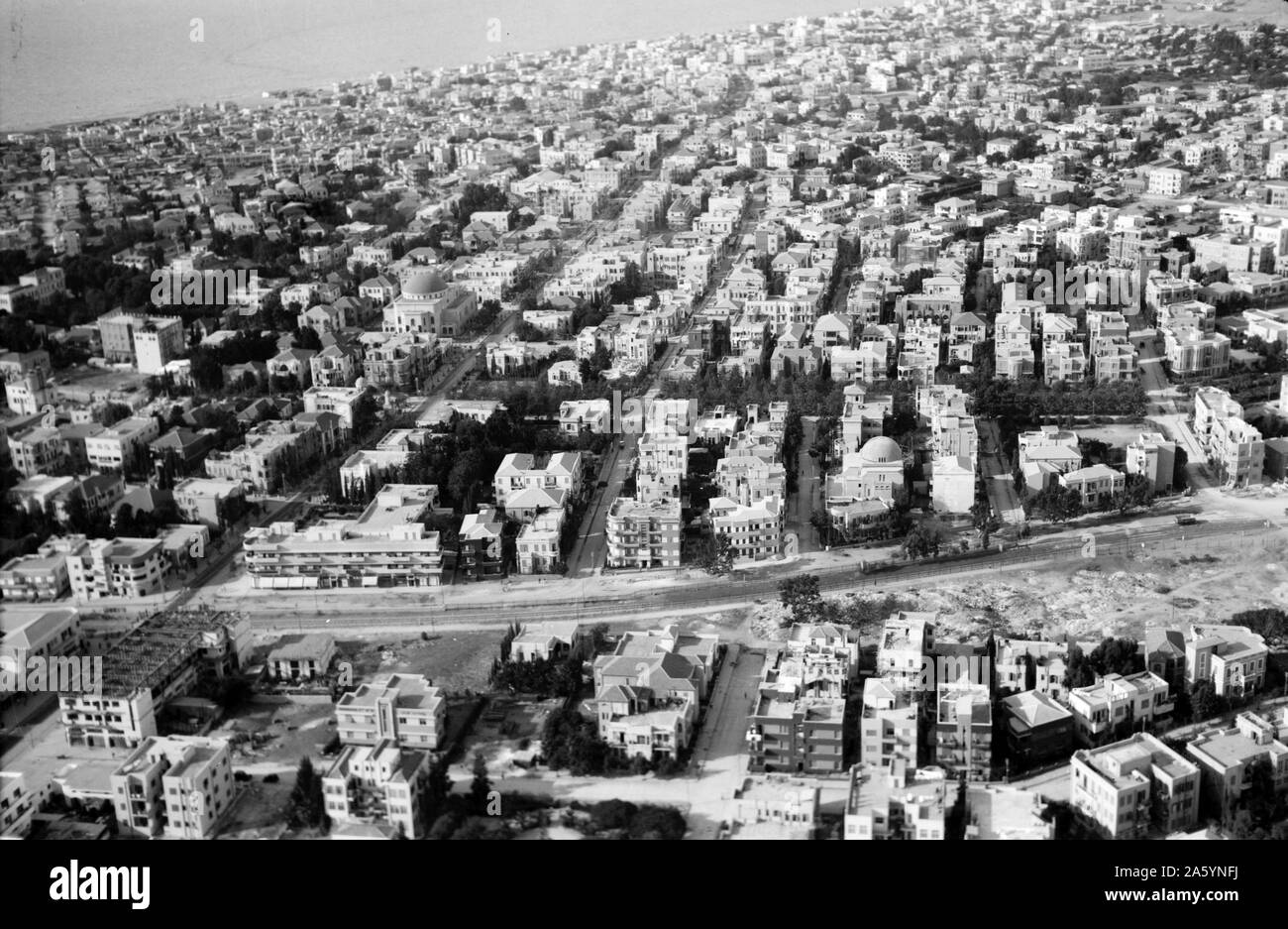 View of the city of Tel Aviv. Central part looking down on Allenby Street, during the British Man 1932 Stock Photo