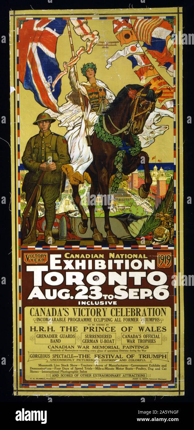 Canadian National Exhibition, Toronto poster by James Edward Hervey MacDonald, 1873-1932, artist. 1919. lithograph Poster shows a woman, representing Canada, on a horse, holding the British flag; next to her stands a Canadian soldier and overhead is an airplane; in background, the exhibition grounds. Various other war-related items are depicted Stock Photo