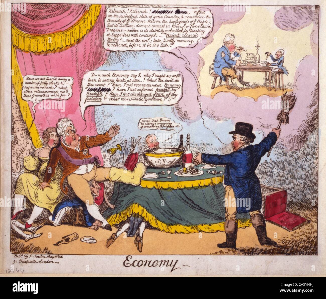 Economy by George Cruikshank, 1792-1878. Published 1816. Brougham, in the guise of John Bull, appears to the Regent, holding up a broom which points towards a small scene surrounded by clouds. The Regent, who has been revelling over a large bowl of punch, falls back terrified, overturning his chair. Brougham, arm extended towards the Regent, declaims: 'Retrench! Retrench, reflect on the distressed state of your country.' The Regent falls on to McMahon, a tiny figure on hands and knees, gazing up at Brougham; he supports himself with his right hand on the knee of Lady Hertford. Stock Photo