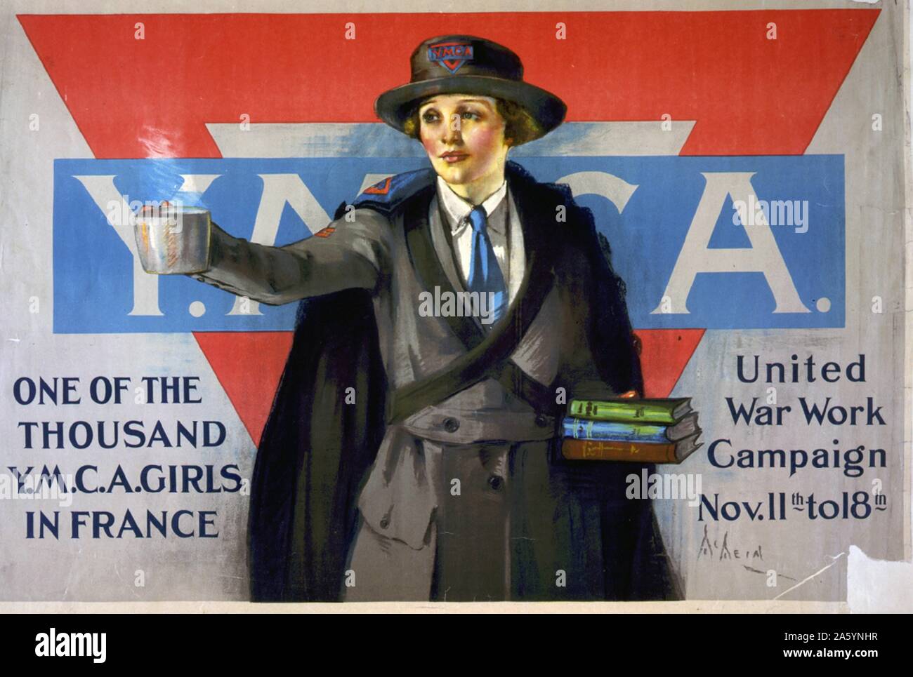One of the thousand girls in France. Poster by the United War Work Campaign Nov 1918. Artist: Neysa McMein, Poster showing a woman in a Y.M.C.A. uniform offering a steaming cup of coffee and books; large red triangle is behind her. Stock Photo