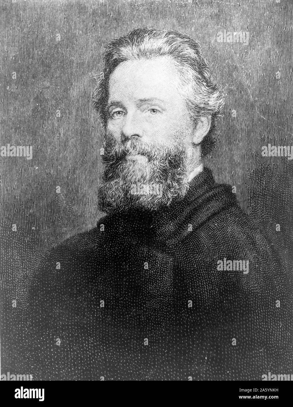 Herman Melville, (American author), head-and-shoulders portrait, facing left. Circa 1944. Photograph of an etching of Melville after a portrait by Joseph O. Eaton. Stock Photo