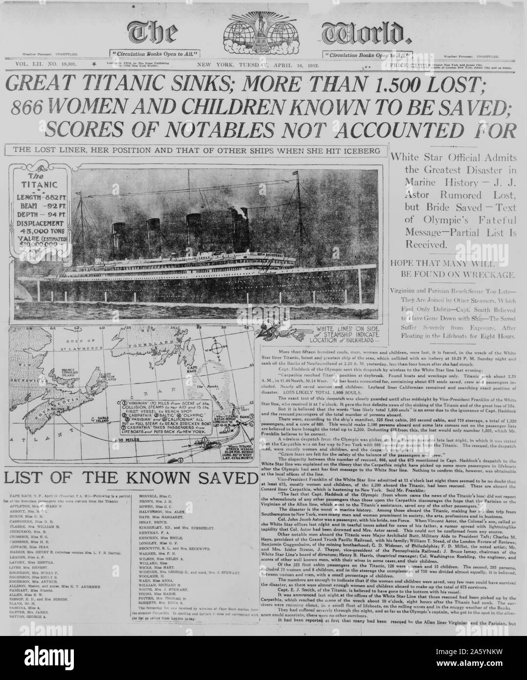 Photograph of front page of The world 16 April 1912 headlining the sinking of the Titanic Stock Photo