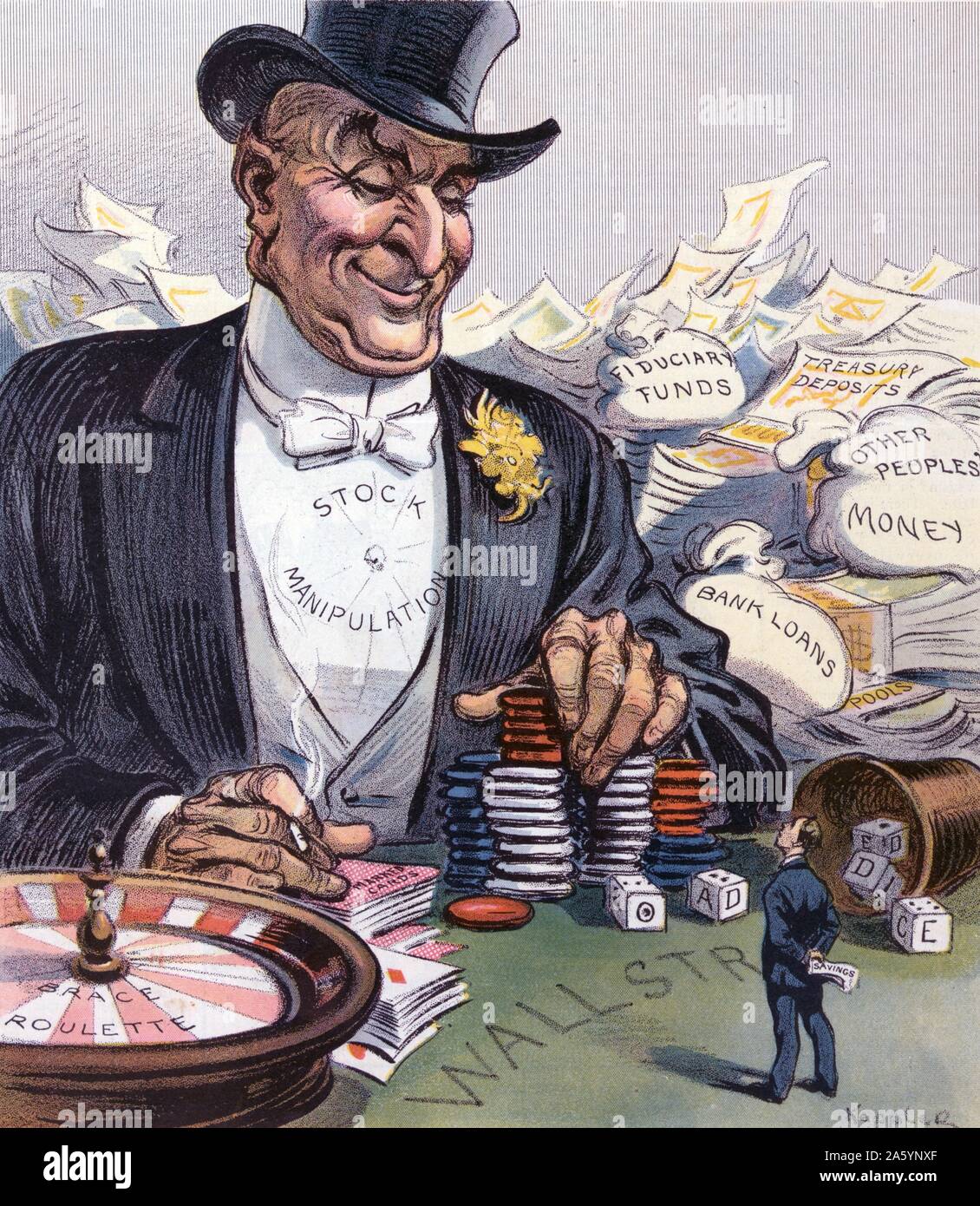 What show have you got, little man? by Udo Keppler, 1872-1956, artist. published 1908. Illustration shows a man wearing top hat and tuxedo labelled 'Stock Manipulation', one hand resting on a deck of 'Marked Cards' and the other on a stack of gambling chips next to 'Loaded Dice' and a wheel labelled 'Brace Roulette', all on a playing table labelled 'Wall Street[street]', behind him are money bags and papers labelled 'Fiduciary Funds, Treasury Deposits, Other Peoples' Money, Bank Loans, [and] Pools'; standing in the foreground is a diminutive man holding his 'Savings' behind his back. Stock Photo