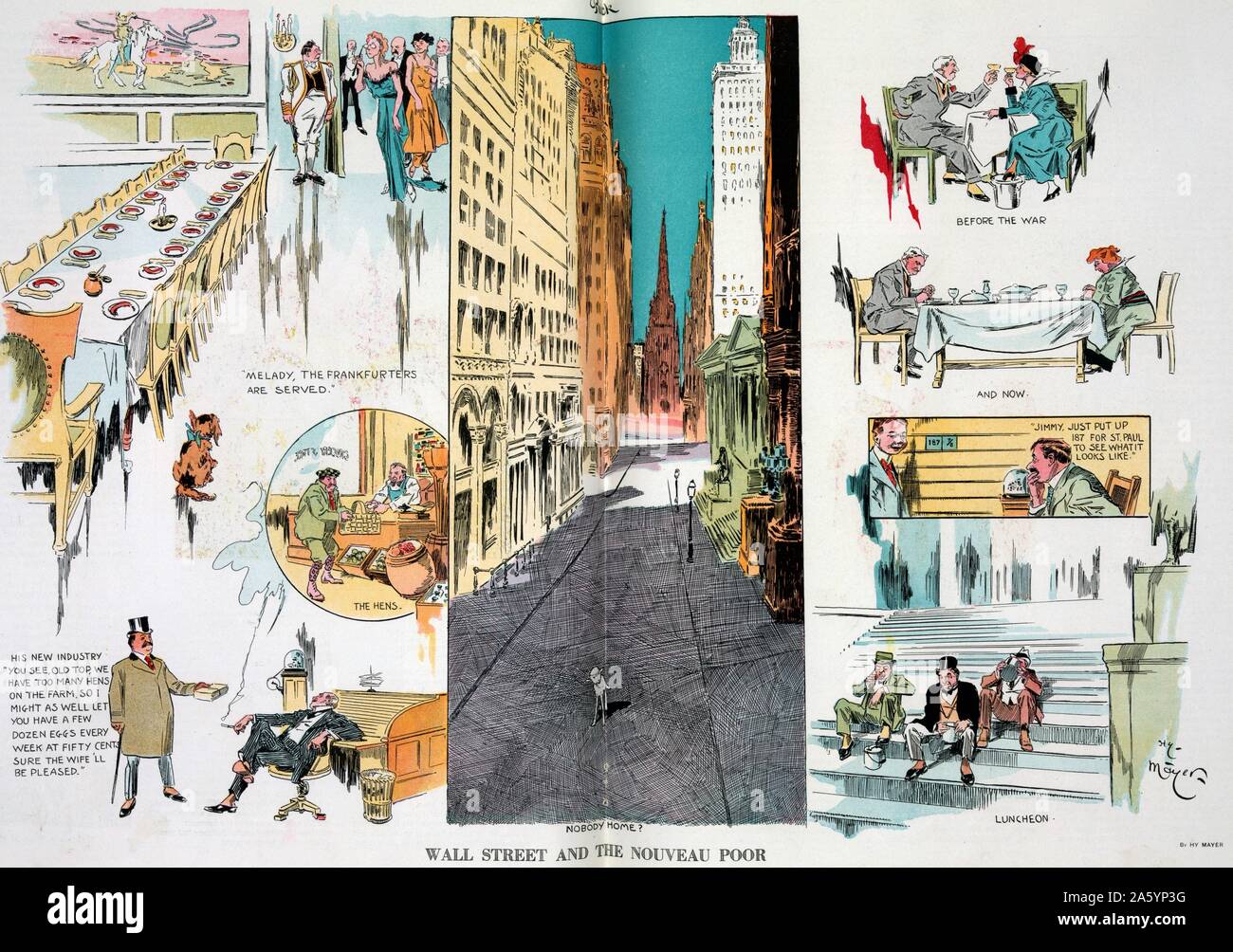 Wall Street and the nouveau poor by Henry Mayer. Published 1914 . Illustration shows a vignette cartoon with a bird's-eye view of Wall Street where an innocent lamb is standing in the middle of the deserted financial district. The surrounding vignettes show a banquet of hot dogs; a man buying eggs cheap, then trying to sell them to a stockbroker for 50 cents a dozen; an elderly man drinking wine with a beautiful young woman 'Before the War', 'And Now' disgruntled and at home with his wife; and three businessmen sitting on steps outside Federal Hall, quaffing lunch from a 'full-dinner pail'. Stock Photo