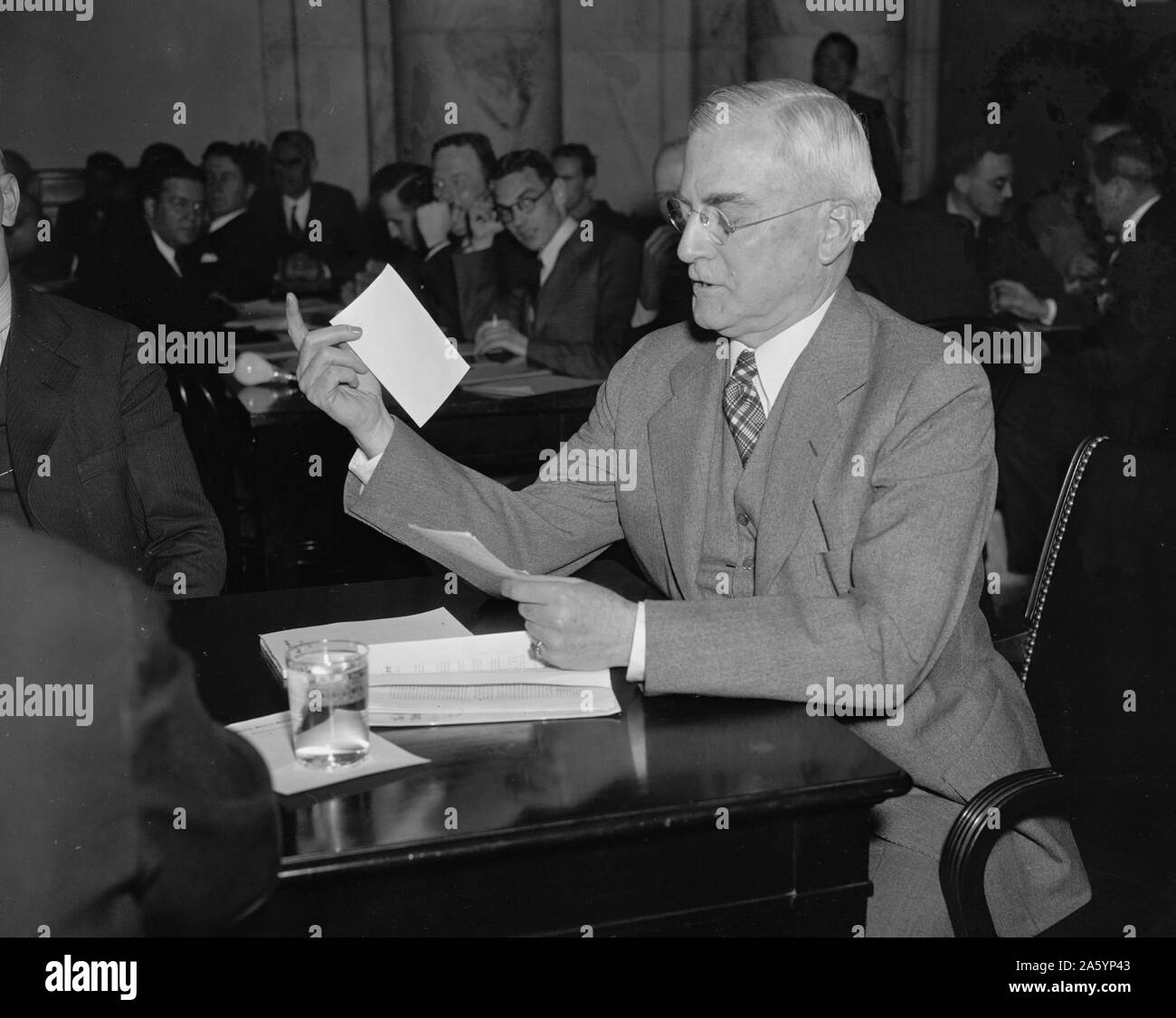 Washington, D.C., Oct. 20. Secretary Of Interior Harold Ickes (left) congratulates Nathan Straus, New York Housing expert, on his appointment as Head of the new U.S. Housing Administration. 1938 . Stock Photo