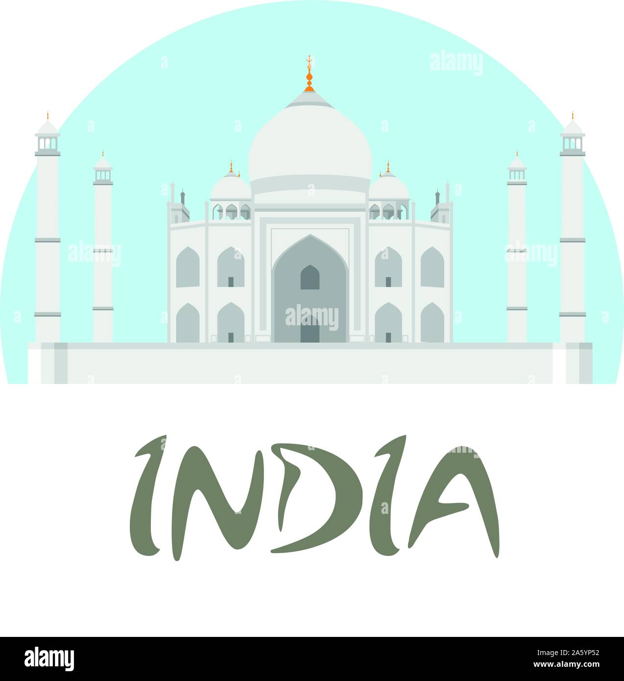 Travel India badge. Taj Mahal vector illustration with white and blue background and text India. Stock Vector