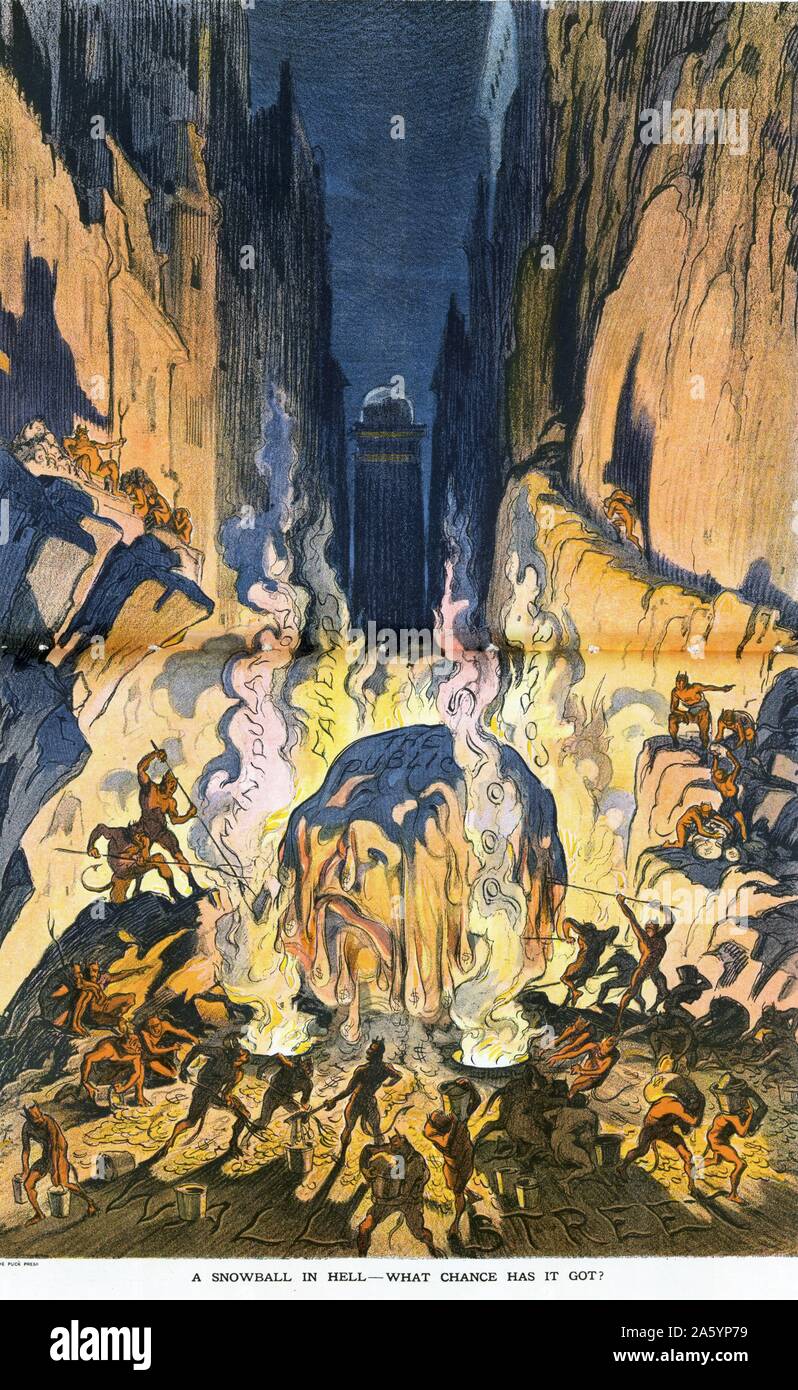 A snowball in hell; what chance has it got? by Udo Keppler, 1872-1956, artist. published 1913 . Illustration shows Hell labelled 'Wall Street', where a huge snowball shaped like a human head, labelled 'The Public', dripping money, melts amid flames and steam labelled 'Manipulation, Fake Tips, Pool, Corner'. Many devils prod the snowball with long forks and gather the money in buckets. Stock Photo