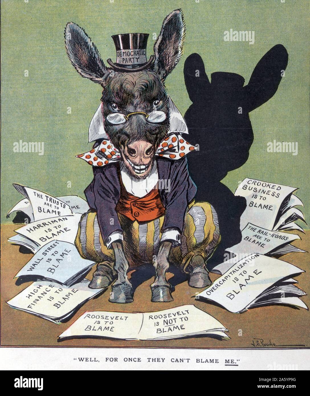 Well, for once they can't blame me by J.S. Pughe, 1870-1909, artist. Published 1907. Illustration shows the Democratic donkey labelled 'Democratic Party' sitting among papers that state 'The Trusts are to Blame', 'Harriman is to Blame', 'Wall Street is to Blame', 'High Finance is to Blame', 'Roosevelt is to Blame / Roosevelt is Not to Blame', 'Overcapitalization is to Blame', 'The Rail-Roads are to Blame', 'Crooked Business is to Blame'. Many are blamed, but no one will accept the responsibility for the panic of 1907. Stock Photo