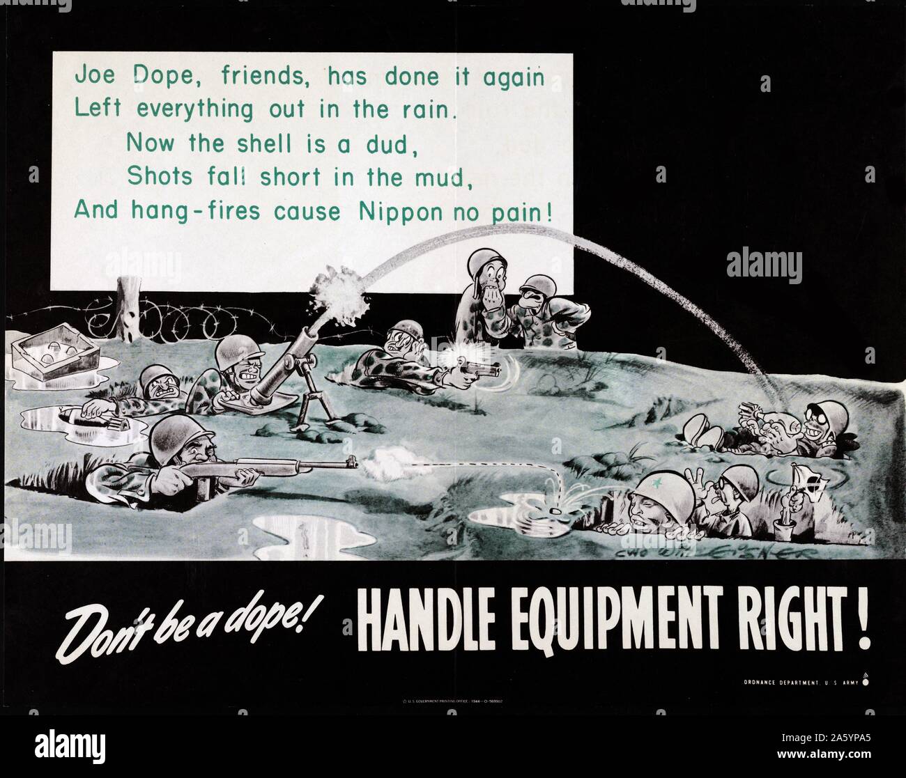 Second World War American military poster explaining that soldiers must look after their equipment correctly. Dated 1944 Stock Photo