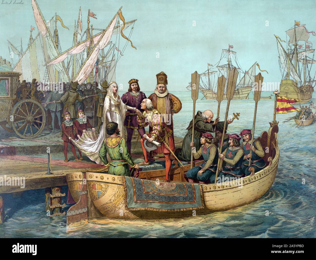 Chromolithograph of Christopher Columbus bidding Farwell to the Queen of Spain upon his departure. Dated 1893 Stock Photo